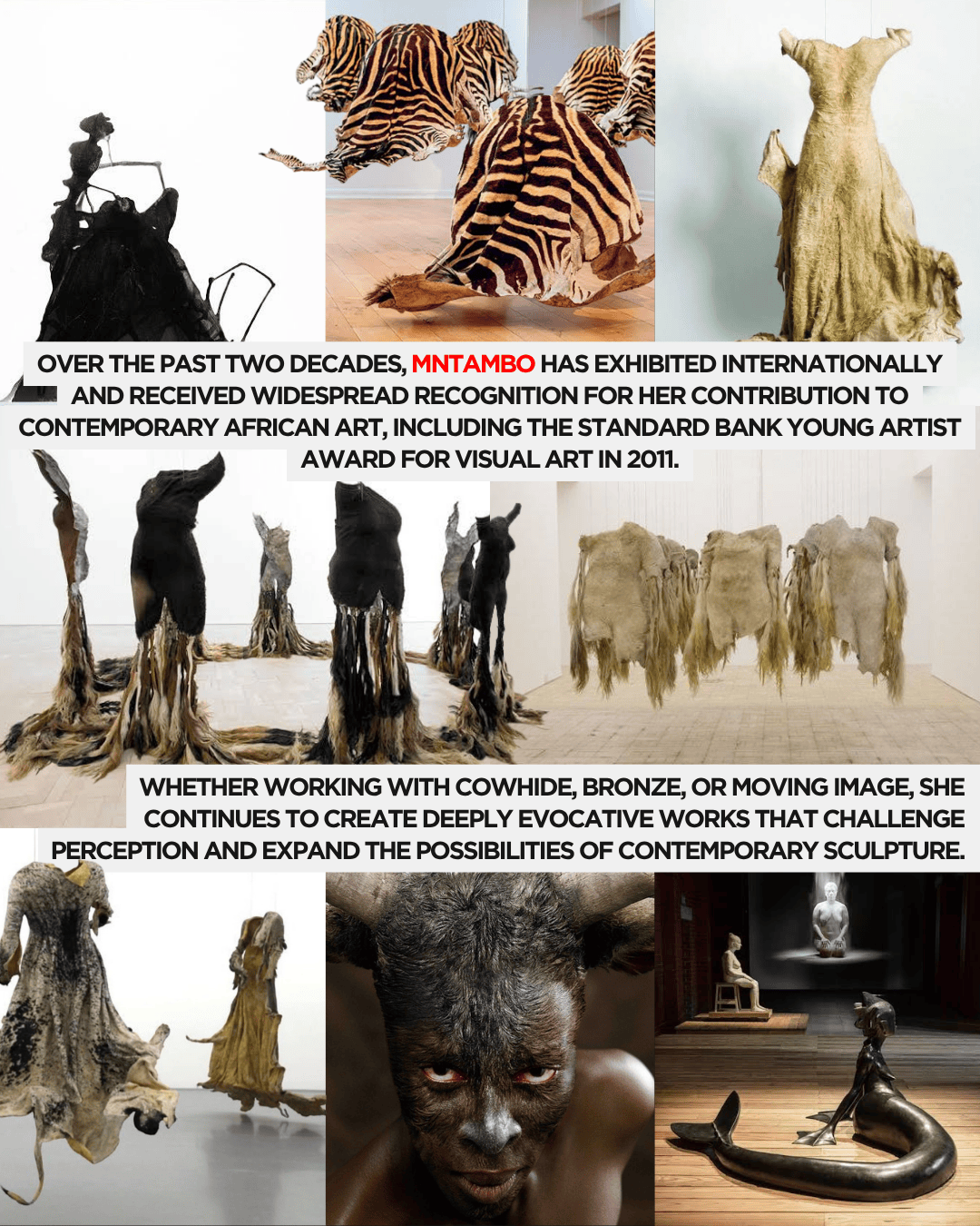 A collage of contemporary art pieces by Mntambo featuring abstract sculptures made from cowhide and bronze, showcasing innovative and evocative designs, including human-like figures and textured forms.