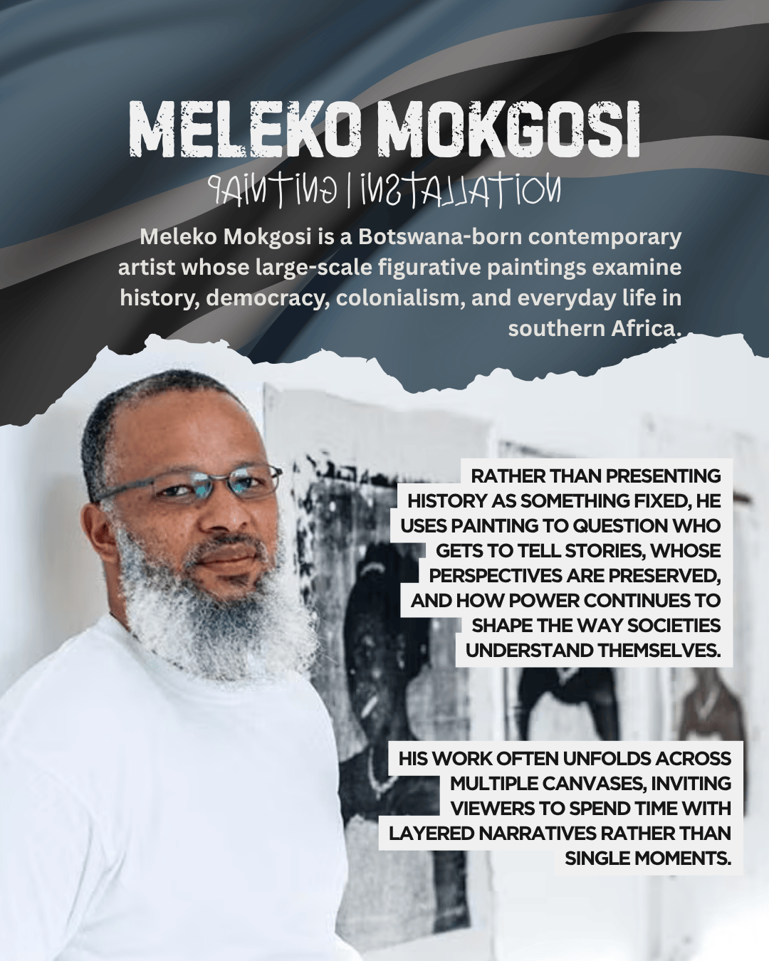 Portrait of Meleko Mokgosi, a contemporary artist from Botswana, standing in front of his large-scale figurative paintings that explore themes of history, democracy, colonialism, and everyday life in southern Africa.
