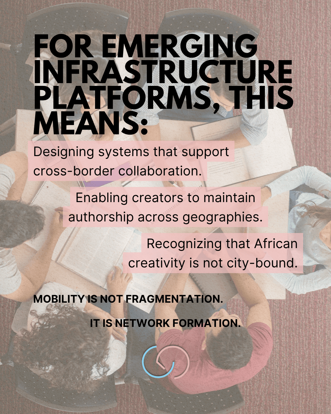Aerial view of a group of diverse individuals engaged in collaborative discussion around a table, with text overlay emphasizing the importance of cross-border collaboration and the recognition of African creativity.