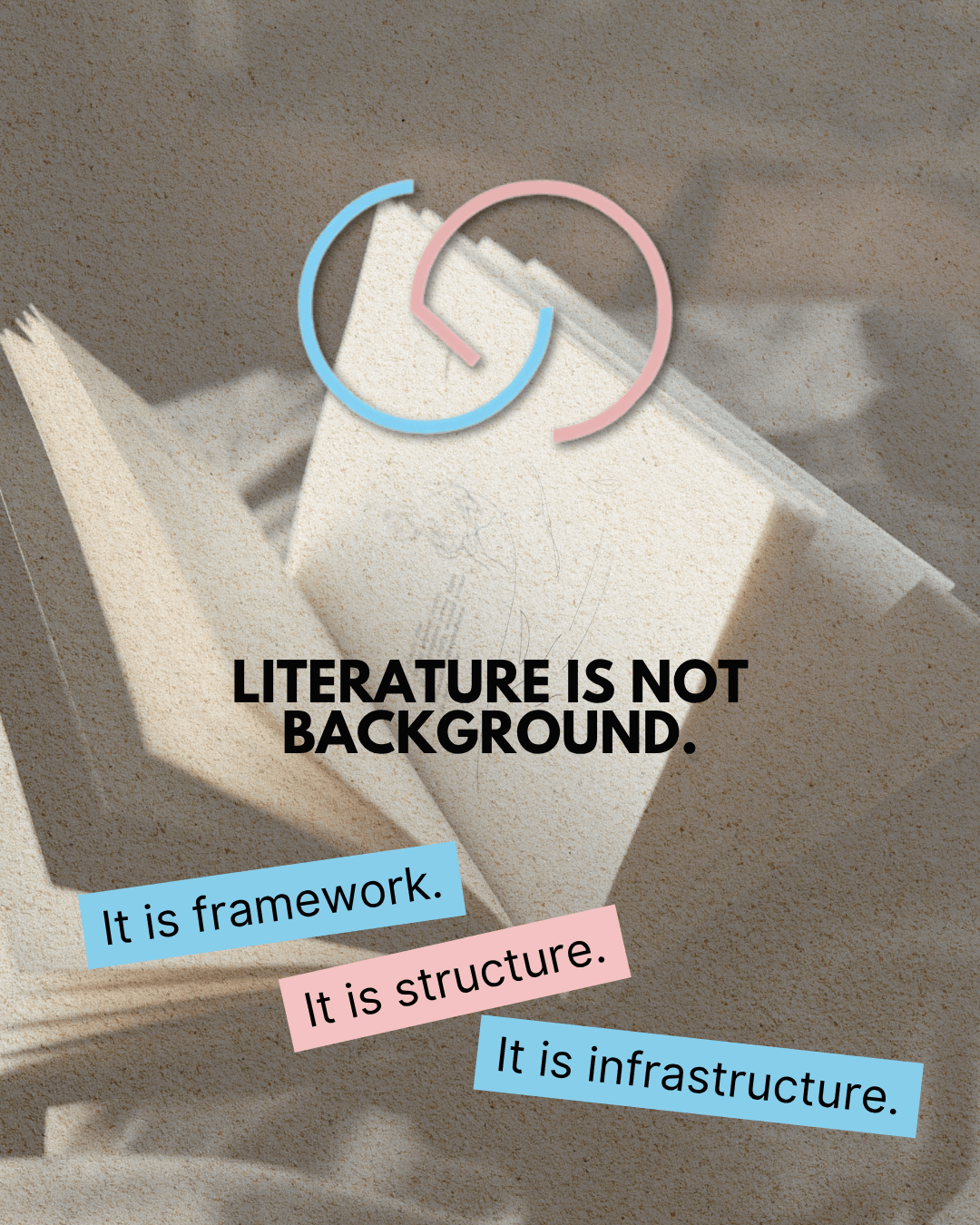 An open book with pages fanned out, featuring the text 'Literature is not background.' and phrases highlighting literature as 'framework,' 'structure,' and 'infrastructure.'
