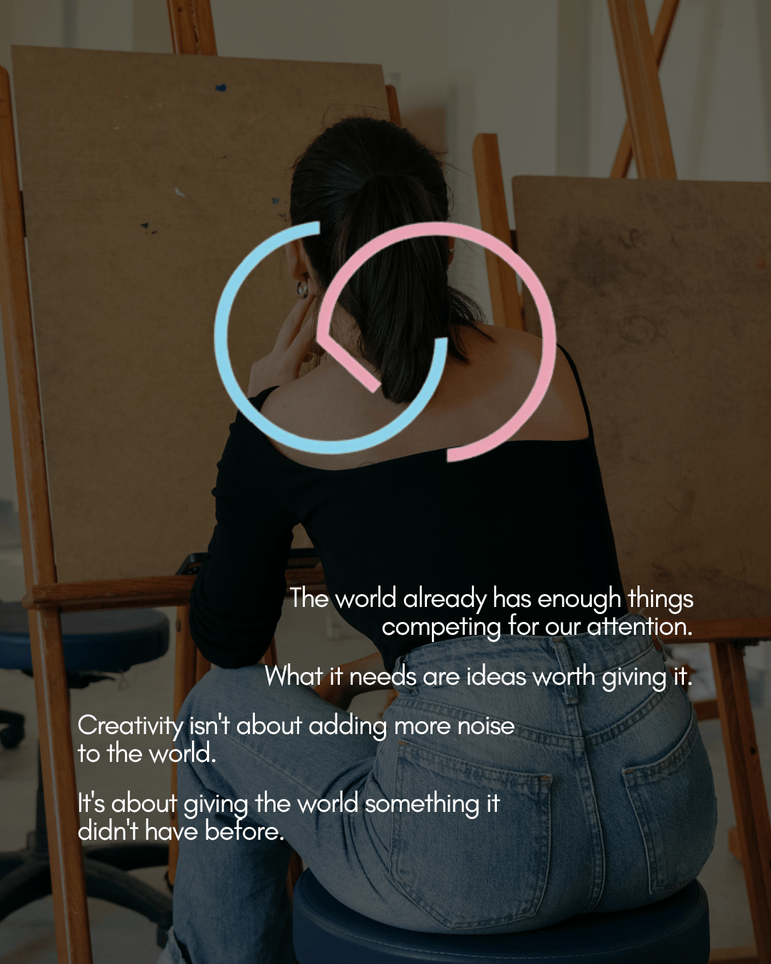 A woman sitting at an easel, looking thoughtful as she contemplates her creative process, with inspirational text overlay about creativity.