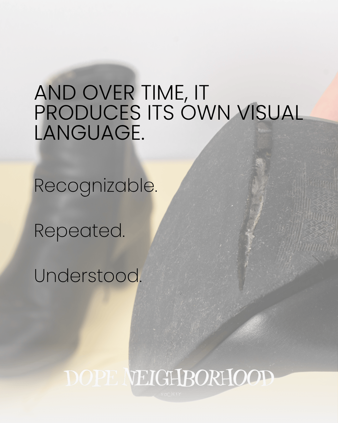 A close-up of a worn shoe with a visible scuff on the sole, accompanied by text about visual language, featuring words like 'Recognizable', 'Repeated', and 'Understood'.