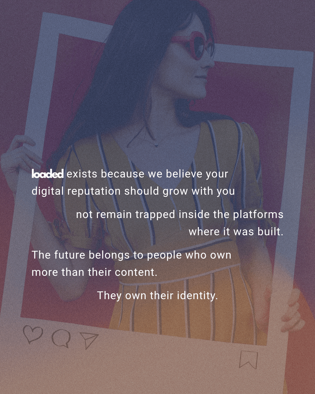 A woman wearing sunglasses and a striped yellow dress poses with a large photo frame, conveying a message about digital identity and reputation.