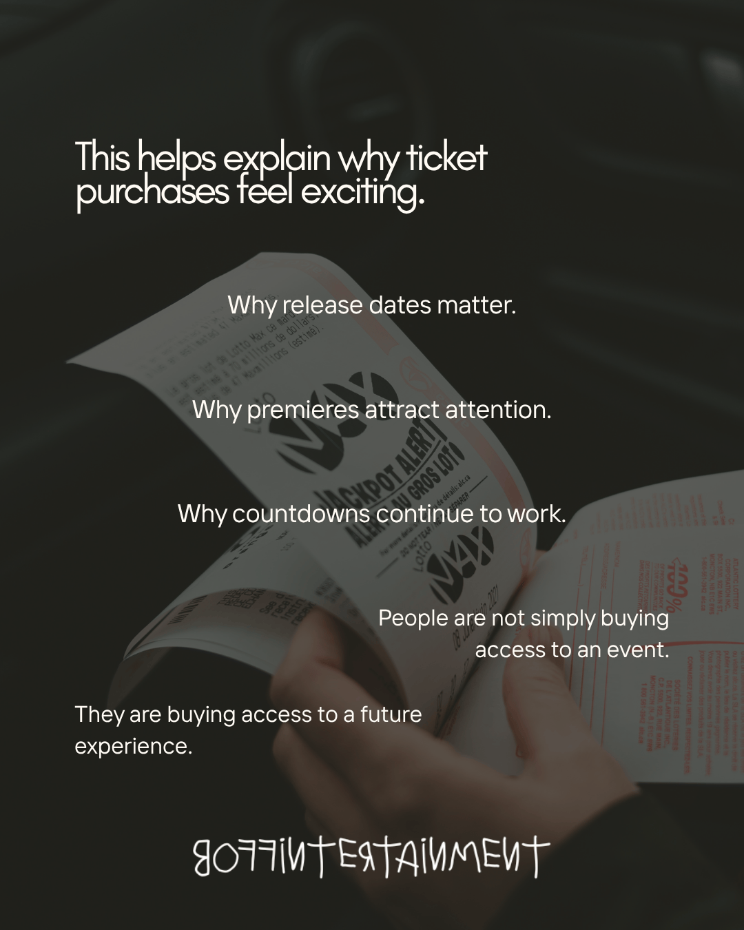 An image featuring a person holding a ticket with text explaining the excitement of ticket purchases, highlighting the importance of release dates, premieres, and countdowns for future experiences.