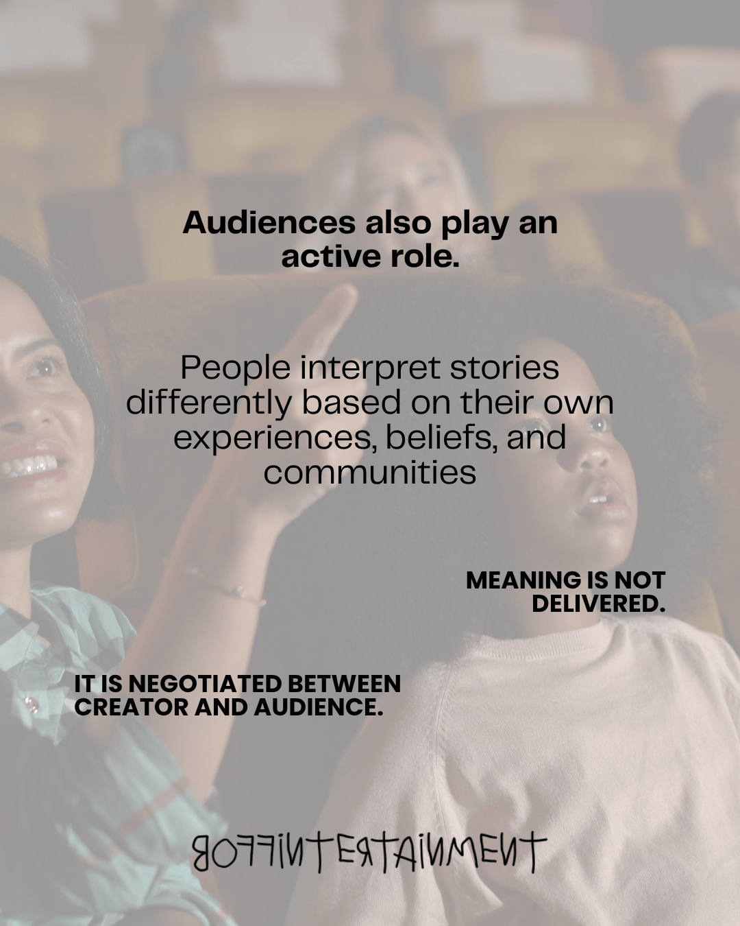 A group of diverse individuals engaged while watching a performance, with text overlay discussing audience interpretation and engagement in storytelling.