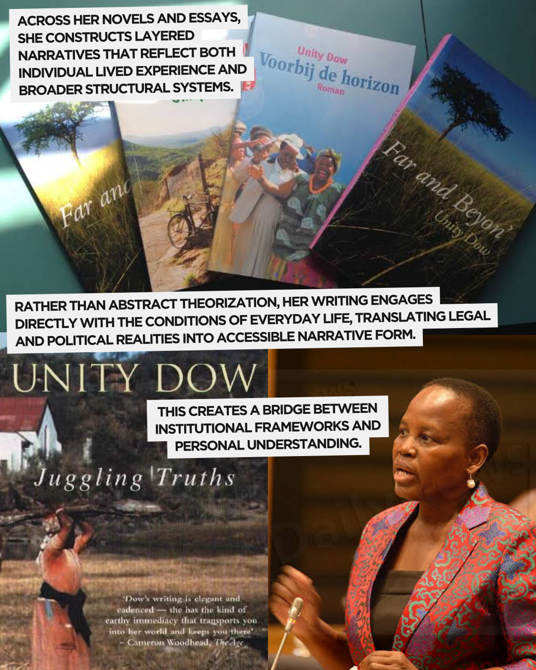 A collection of book covers by Unity Dow, including 'Far and Beyond,' 'Voorbij de horizon,' and 'Juggling Truths,' displayed on a table alongside a woman speaking at an event.