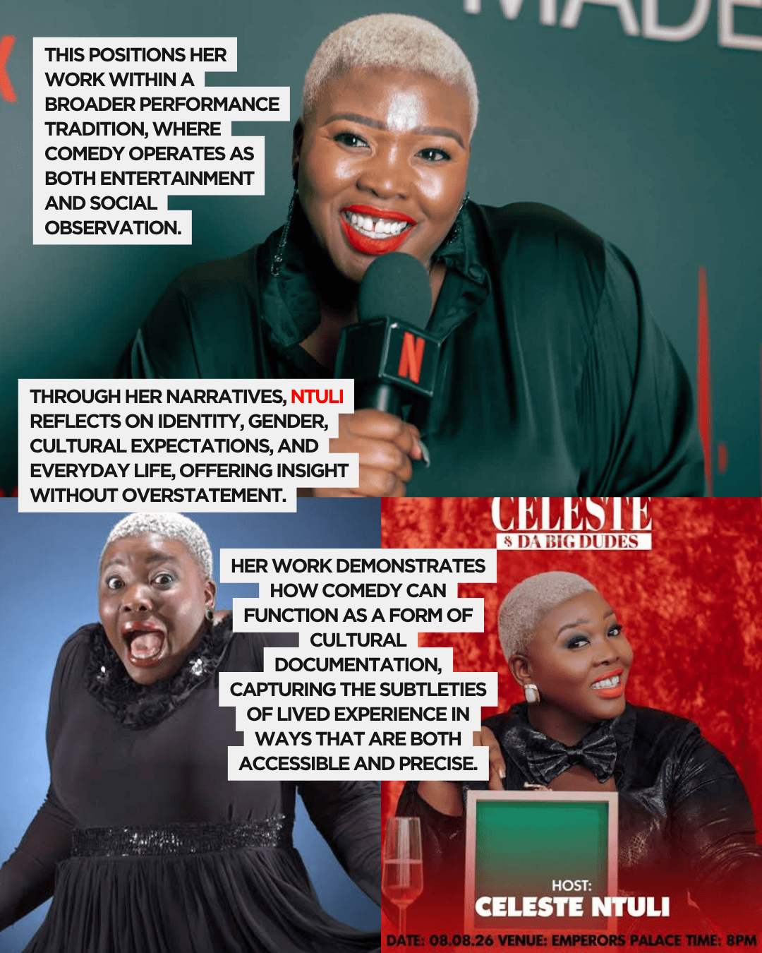 A promotional image featuring Celeste Ntuli, a comedian, smiling and holding a microphone. The background includes text highlighting her reflections on identity, gender, and cultural expectations through comedy, emphasizing its role in social observation and cultural documentation.