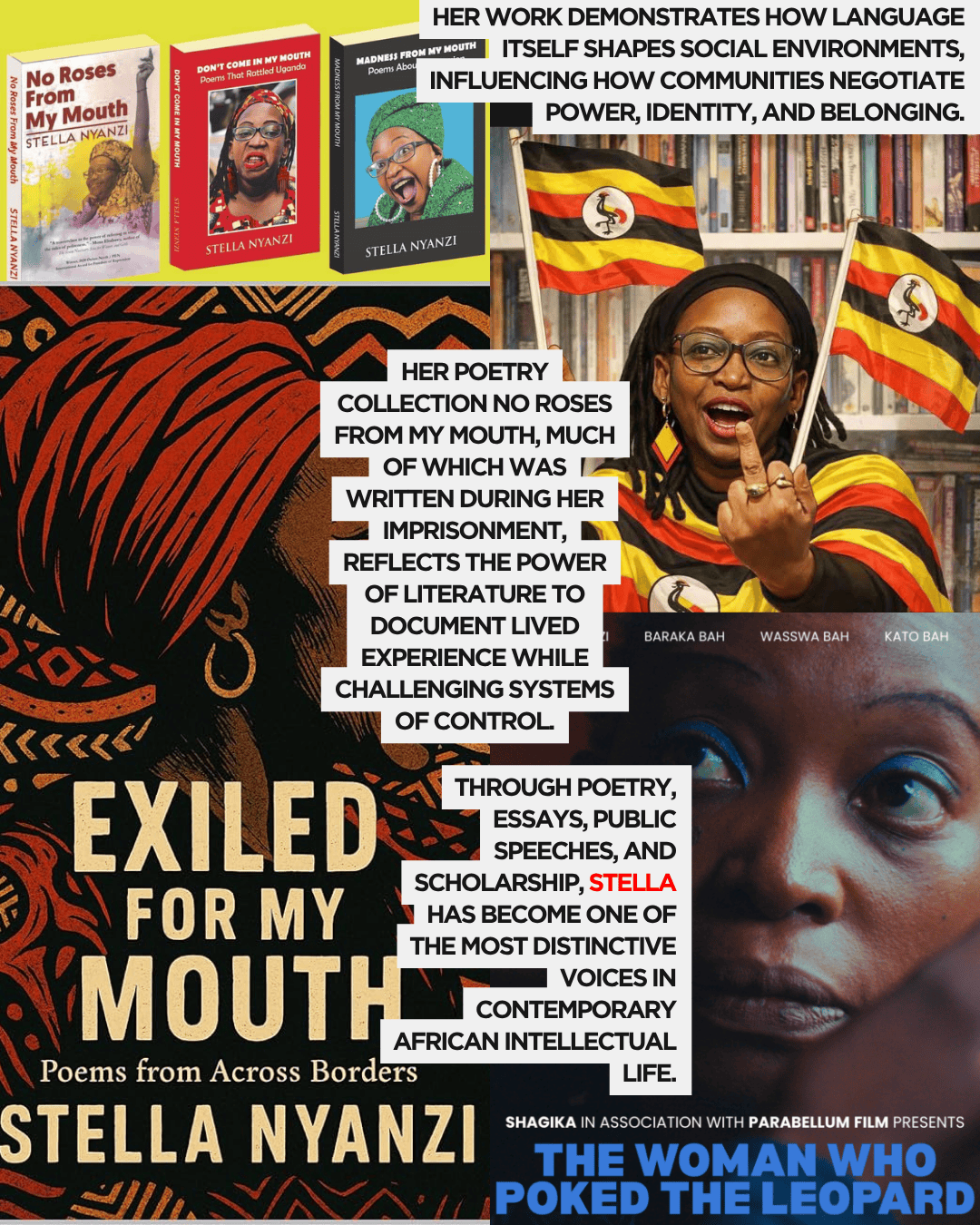A collage featuring the works of Stella Nyanzi, with book covers, a portrait of Nyanzi holding flags, and text highlighting her contributions to literature and social commentary.
