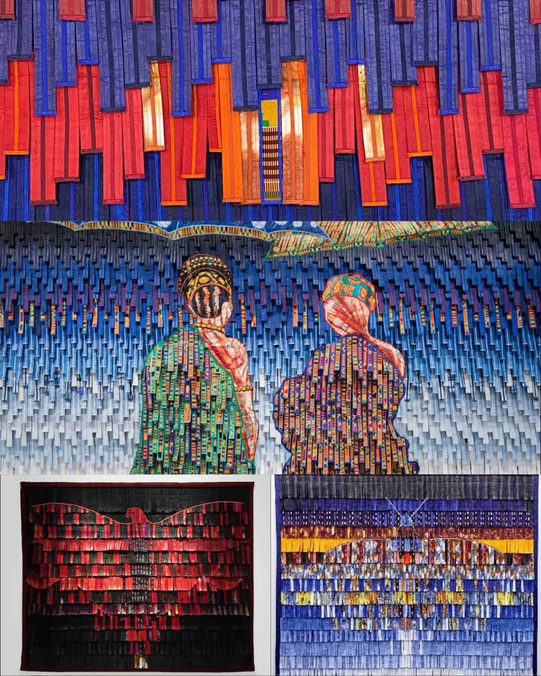 A vibrant textile artwork featuring colorful fabric strips in a patterned arrangement, showcasing two figures in the foreground with intricate designs.