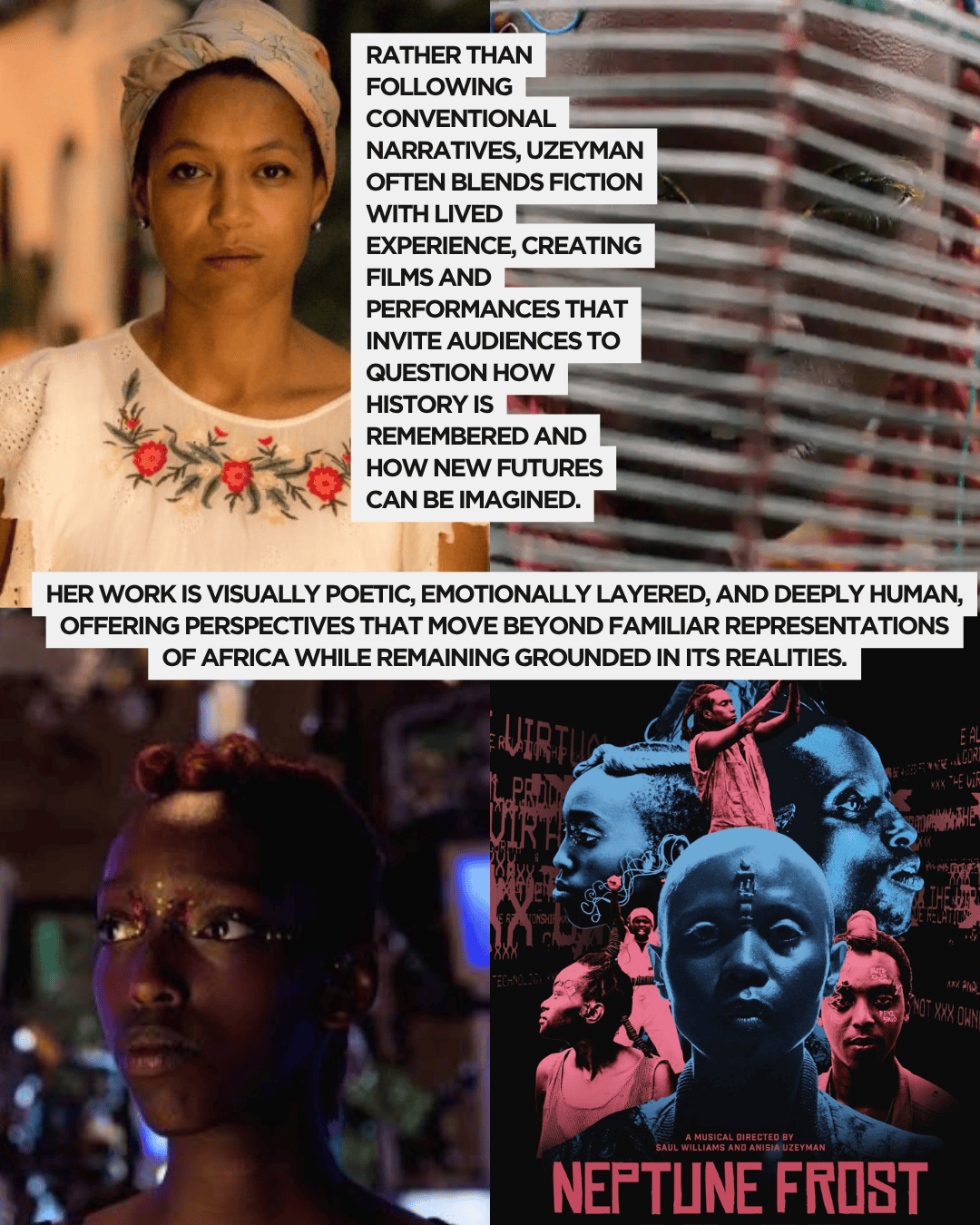 A woman with a headscarf and floral embroidery on her shirt, looking thoughtfully at the camera, alongside a colorful poster for the film 'Neptune Frost' featuring various expressive faces and artistic elements.