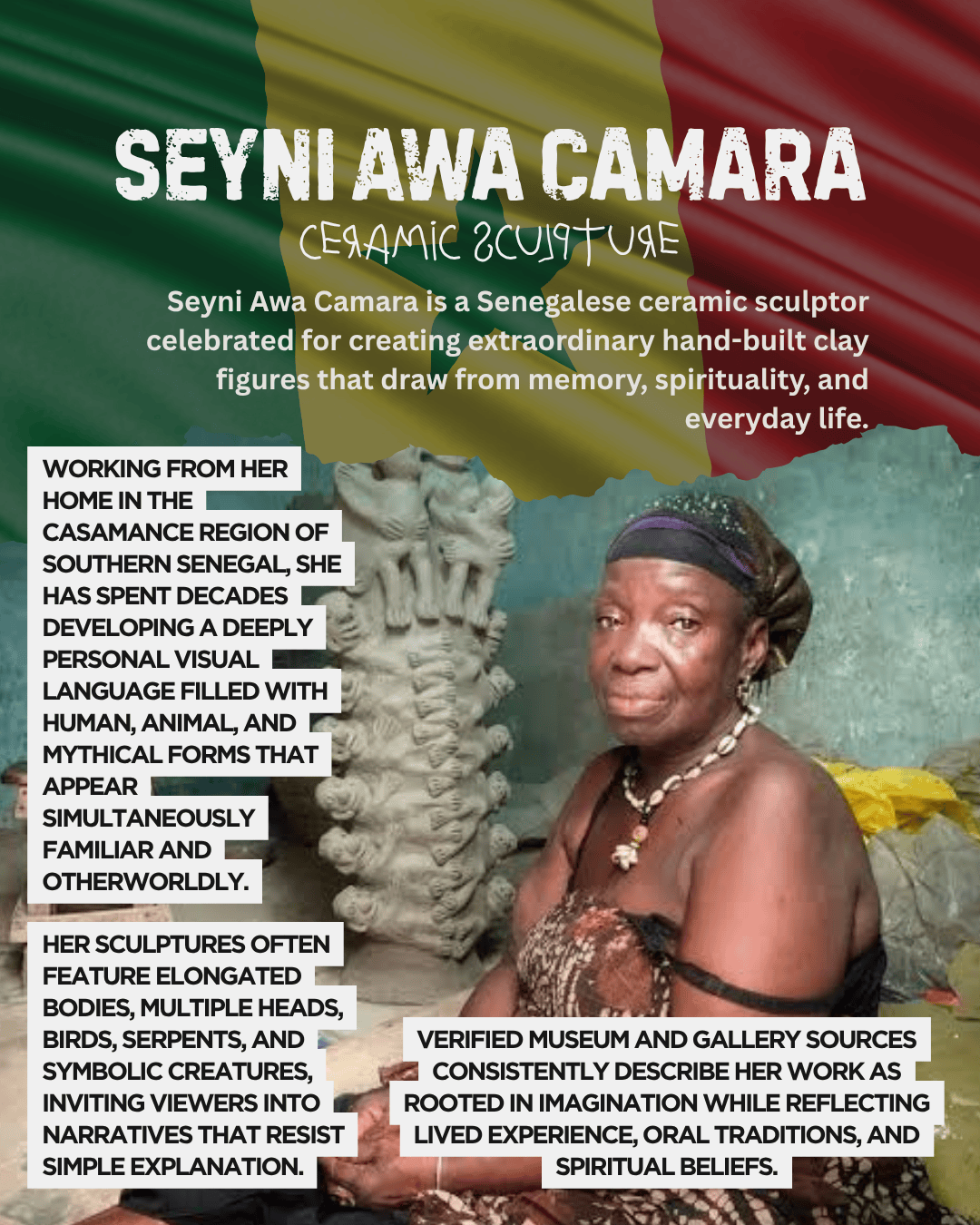 Portrait of Seyni Awa Camara, a Senegalese ceramic sculptor, sitting with her hand-built clay figures in the background, showcasing her artistry and cultural heritage.