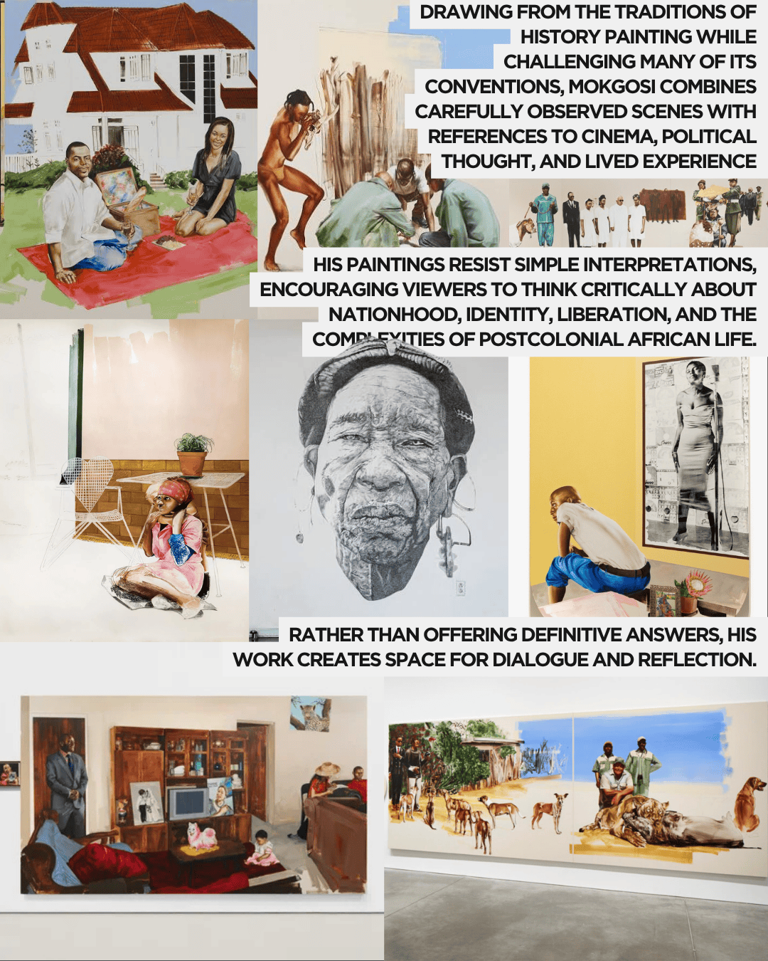 A collage of diverse paintings showcasing scenes of African life, including depictions of family, community, and cultural identity, accompanied by text highlighting the themes of history, critique, and reflection in the artist's work.
