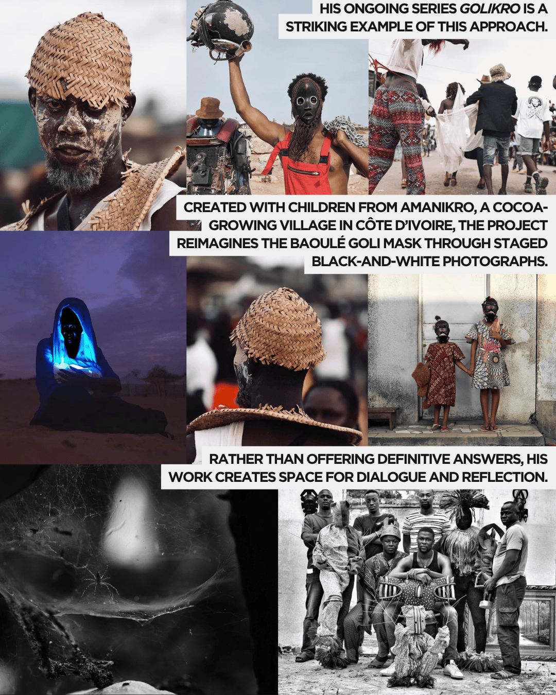 A collage of black-and-white photographs showcasing individuals wearing traditional Baoulé Goli masks in various settings.