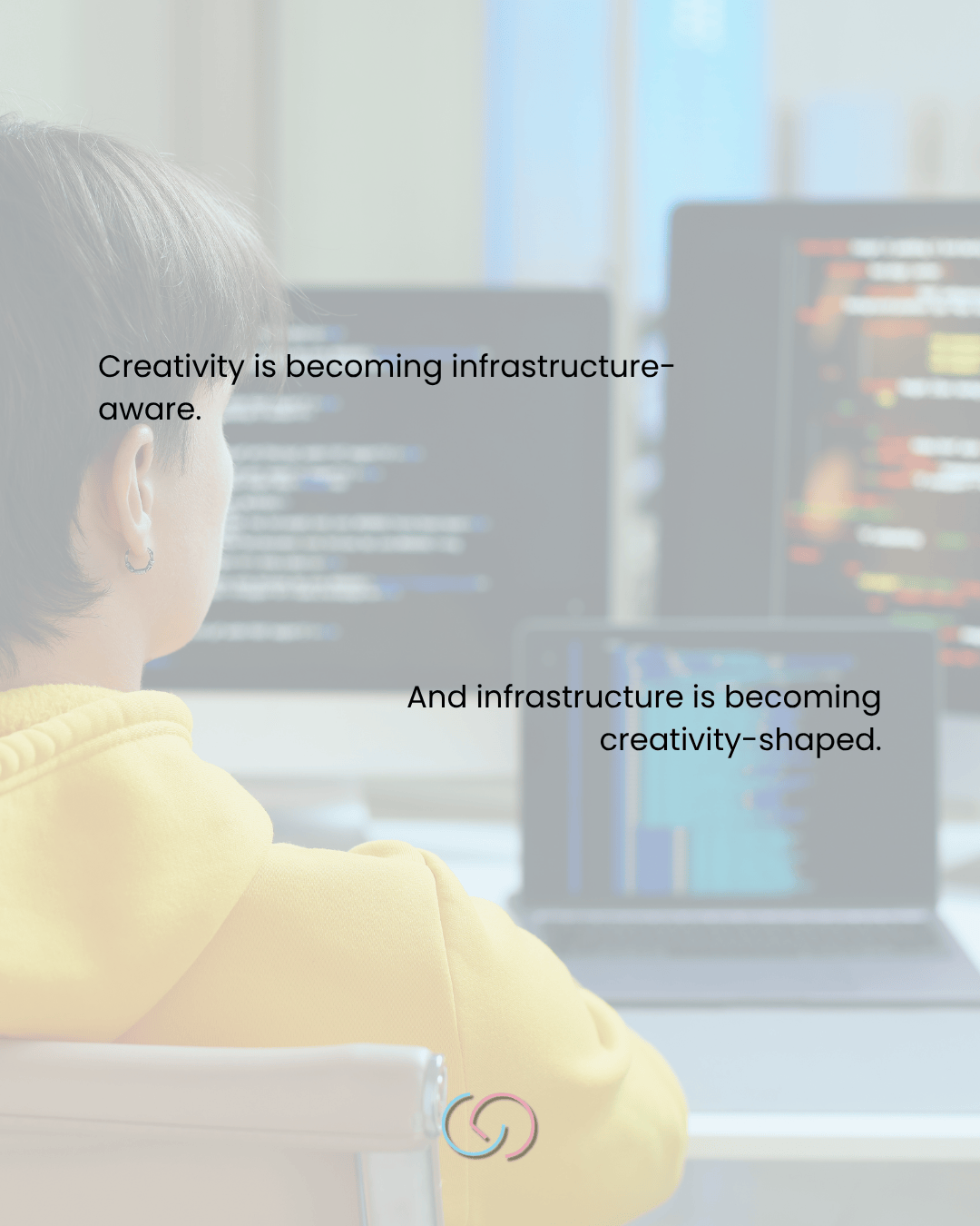 A person wearing a yellow hoodie is sitting in front of computer screens displaying code, with text overlay emphasizing the relationship between creativity and infrastructure.