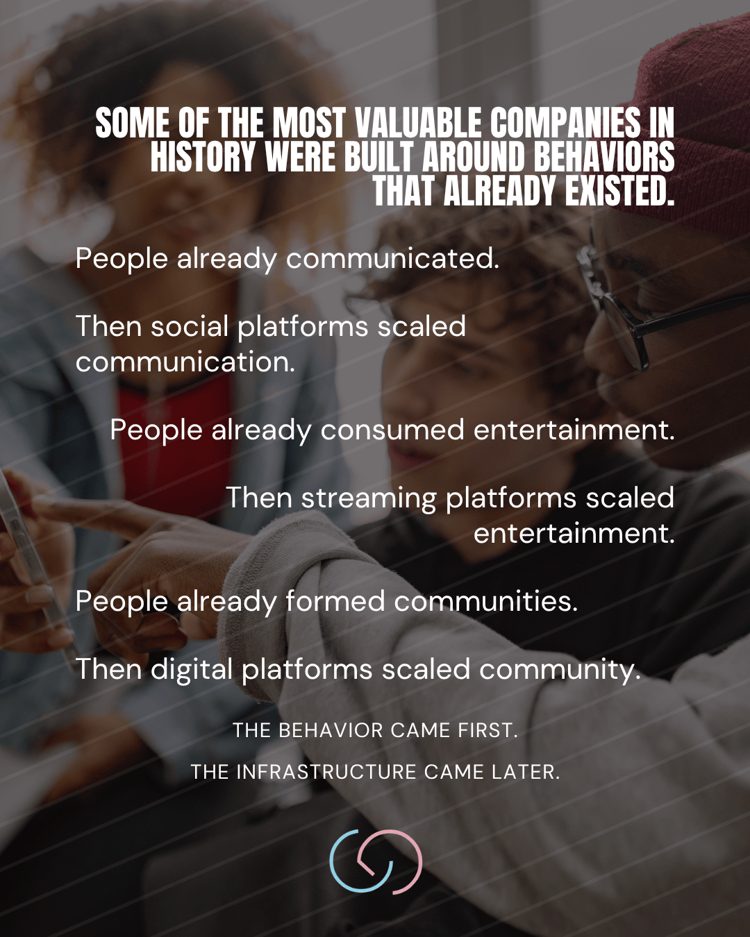 A text overlay highlights the evolution of communication, entertainment, and community through various platforms, emphasizing that foundational behaviors preceded these innovations.
