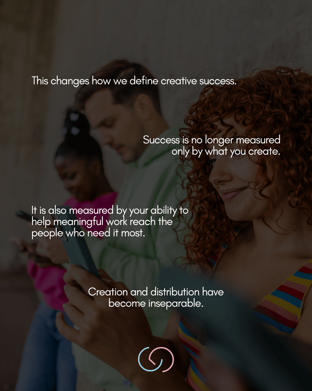 A diverse group of people focused on their smartphones, with a blurred background, representing the modern concept of creative success and meaningful work distribution.