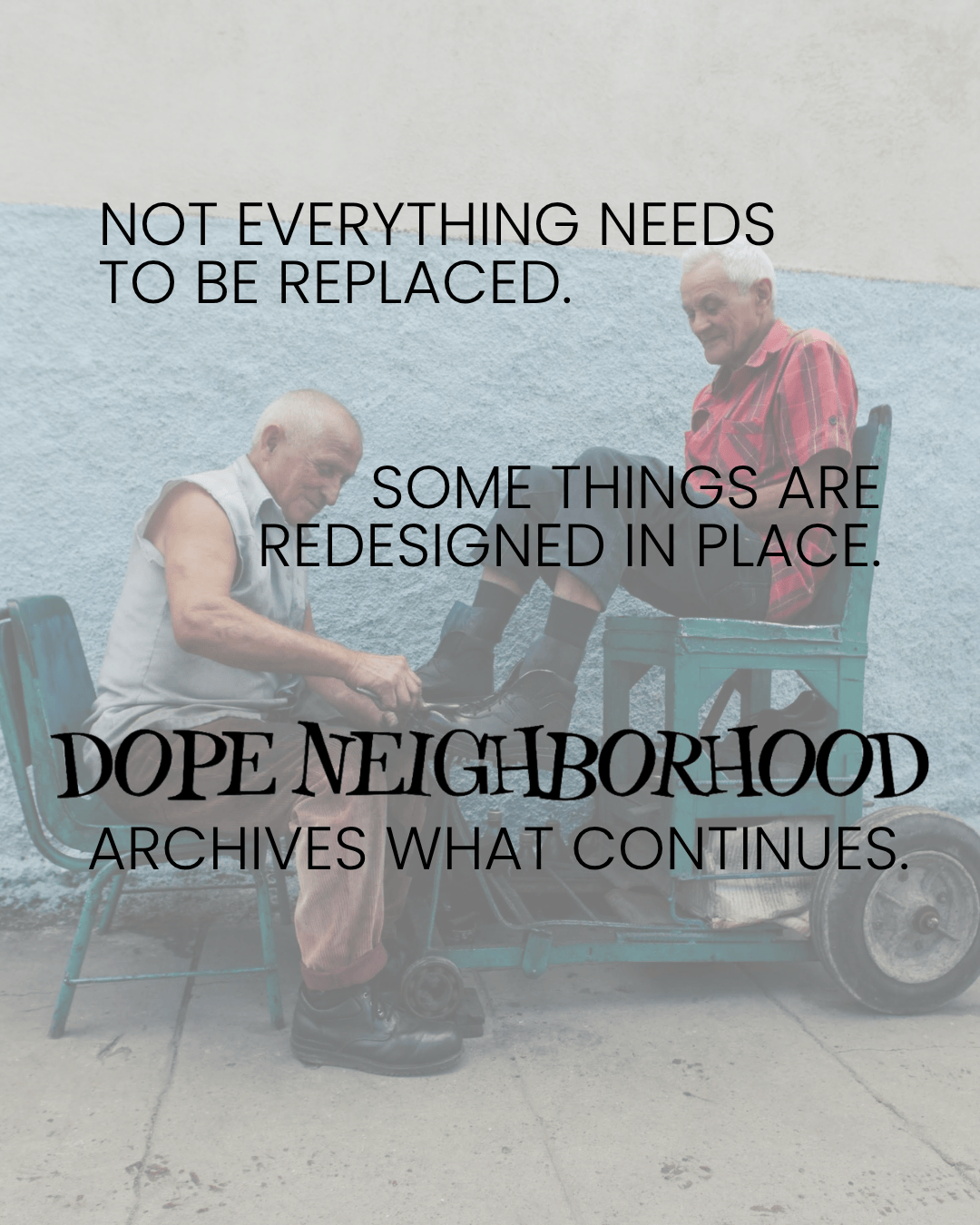 Two elderly men working together on a green cart, with a wall painted in blue behind them. The image features text overlay discussing redesign versus replacement.