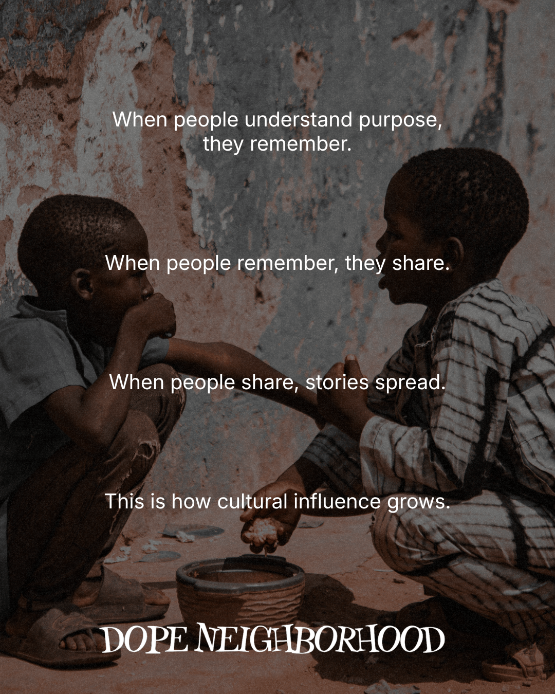 Two children sitting on the ground, engaging with each other, with text overlay discussing memory and cultural influence.