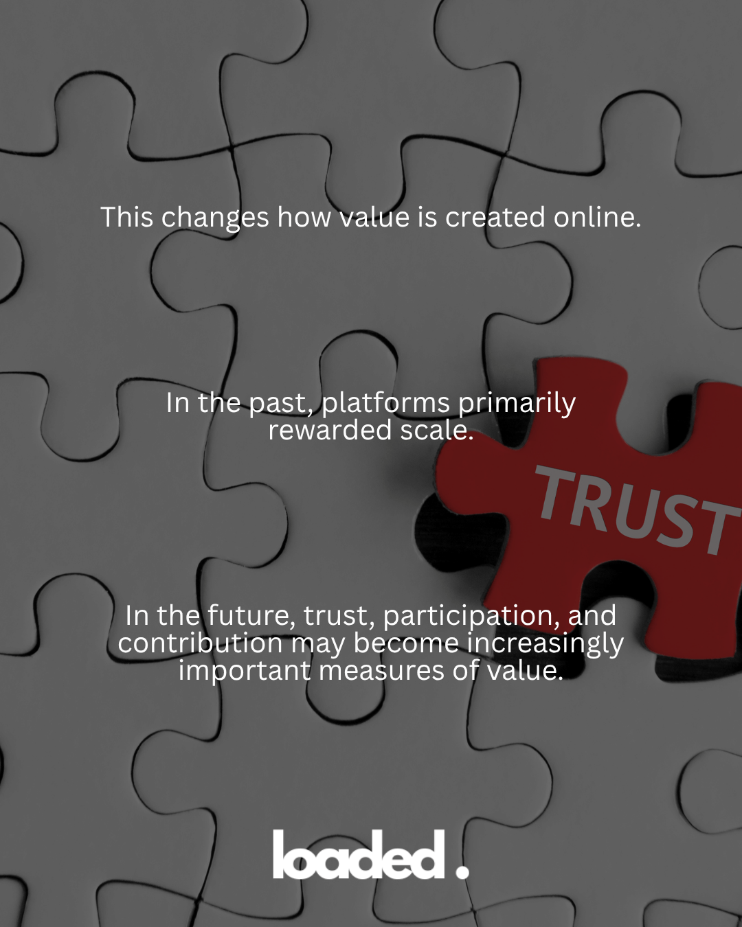 A graphic featuring puzzle pieces with the word 'TRUST' highlighted in red, accompanied by text discussing the evolution of value creation online.