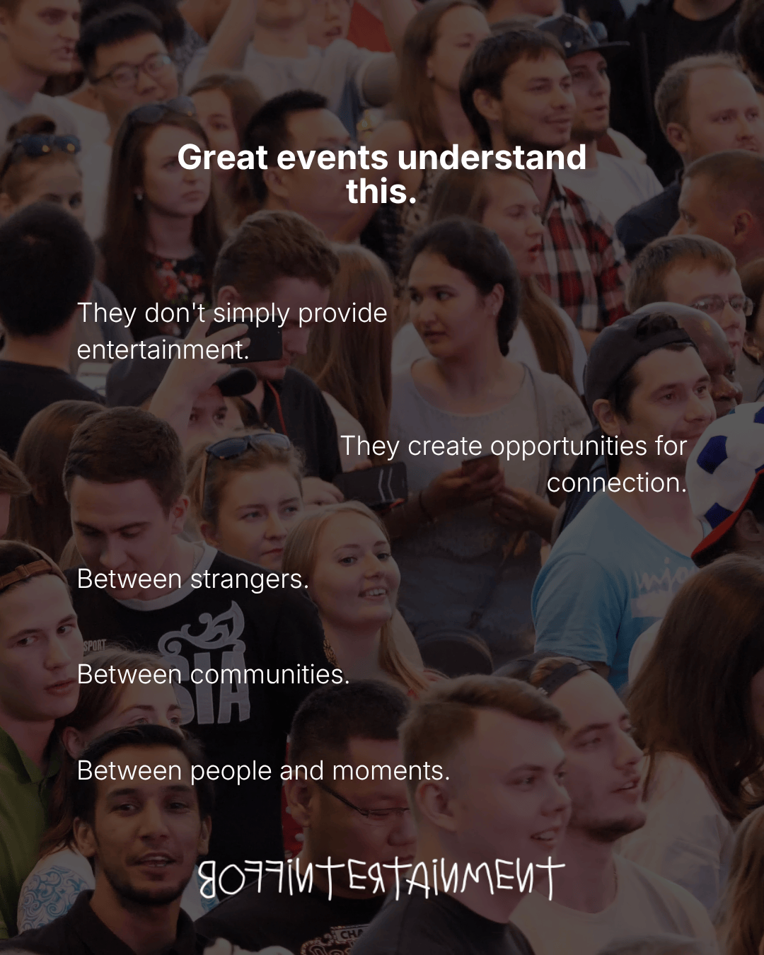 A diverse crowd of people at an event, engaged and connecting, with text overlay discussing the importance of creating opportunities for connection.
