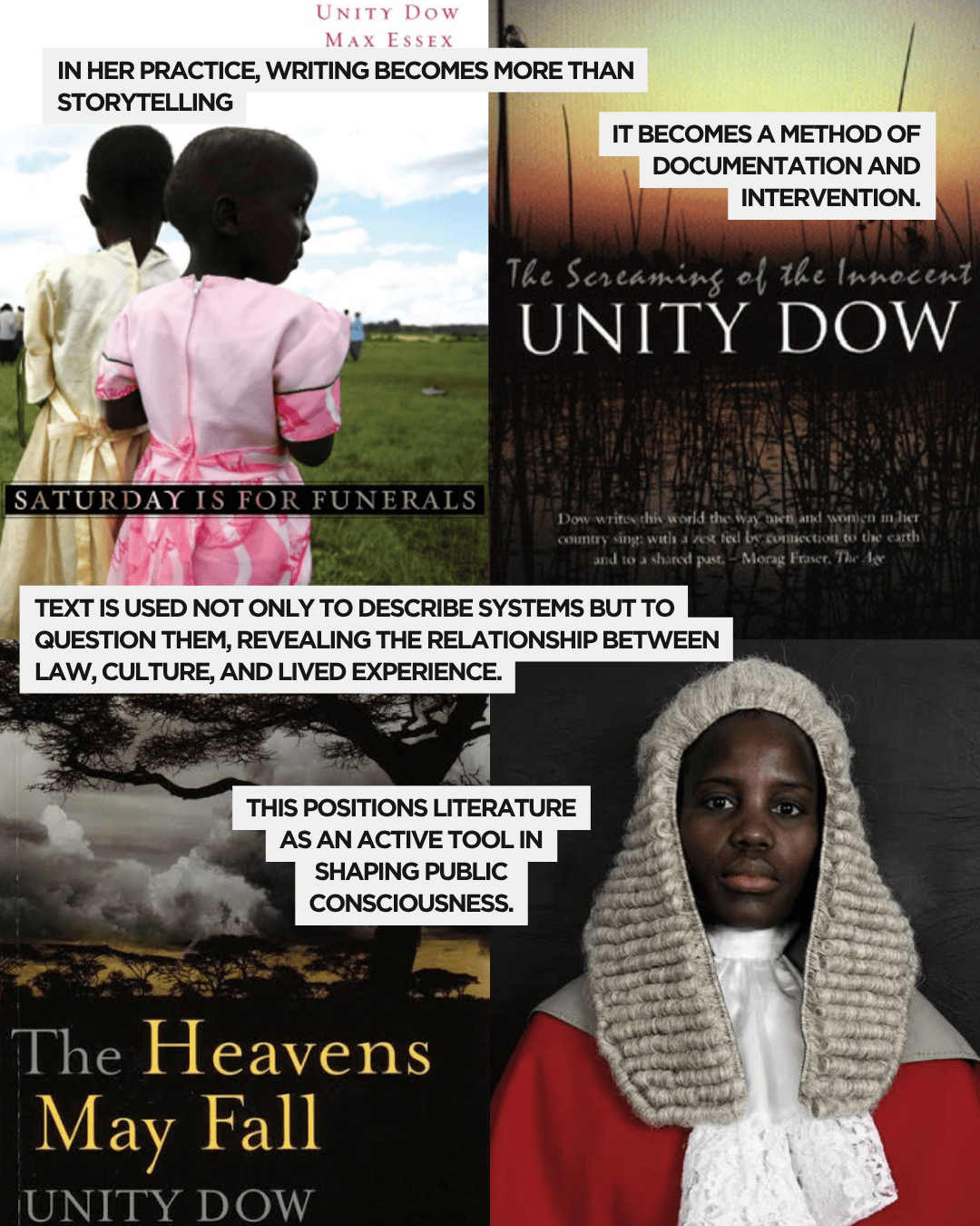 A collage featuring two children in traditional attire, with quotes about literature by Unity Dow laid over the images. The left side shows a book cover titled 'Saturday is for Funerals,' while the right displays 'The Heavens May Fall' and 'The Screaming of the Innocent.' A portrait of a woman wearing judicial robes is included, emphasizing the theme of literature and its role in societal reflection.