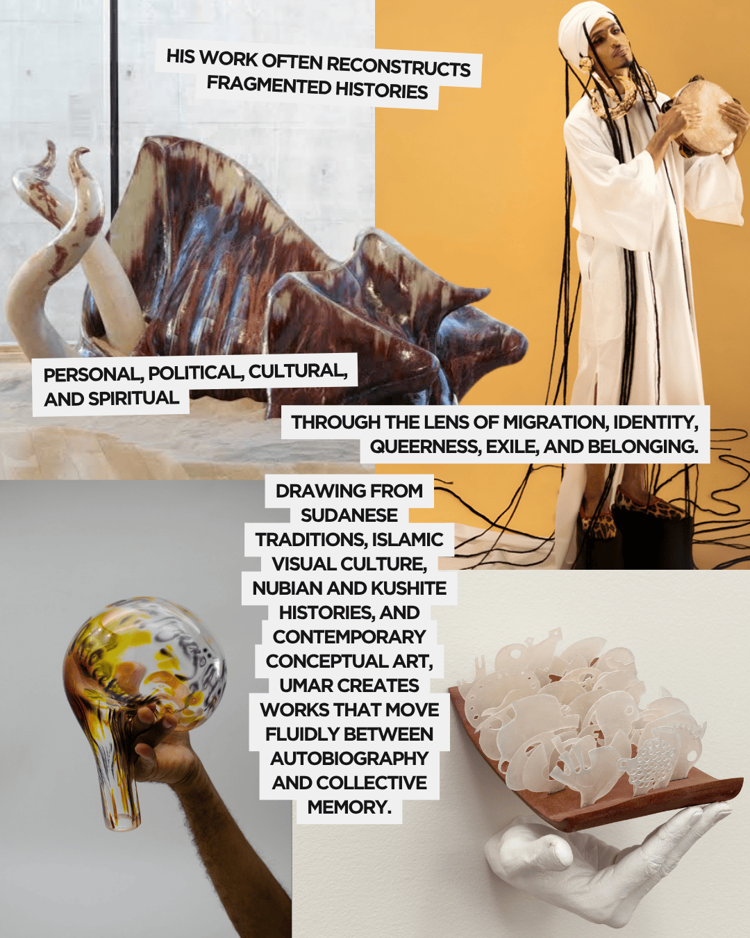 A collage of artistic elements, featuring a colorful sculpture on the left, a performer in traditional attire with a drum on the right, and an intricately designed glass object below, accompanied by text highlighting themes of fragmented histories, cultural identity, and the blending of personal stories with collective memory.
