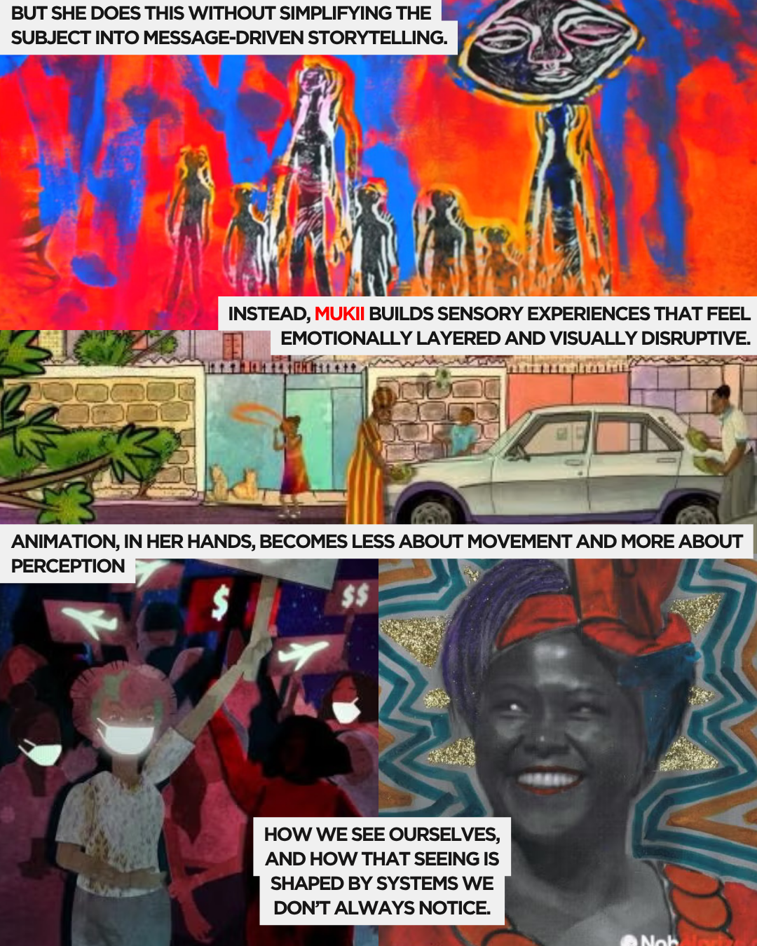 A vibrant, abstract artwork featuring figures outlined in bright colors and layered textures, alongside scenes of urban life and community activism, highlighting the emotional depth and sensory experience in storytelling.