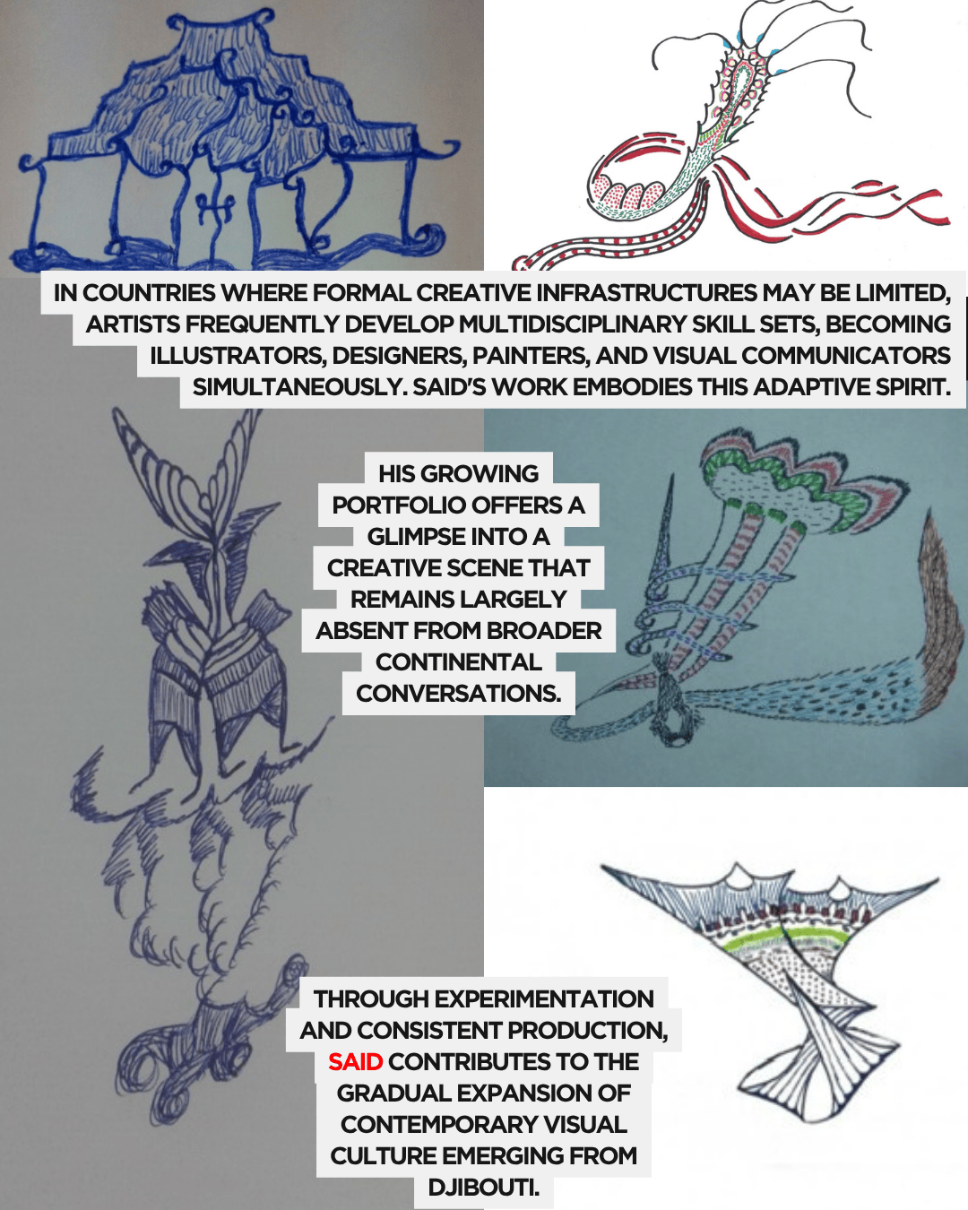 A collection of colorful artistic illustrations, featuring an octopus, fish, and abstract designs, alongside text discussing the multidisciplinary nature of artists in countries with limited creative infrastructures.