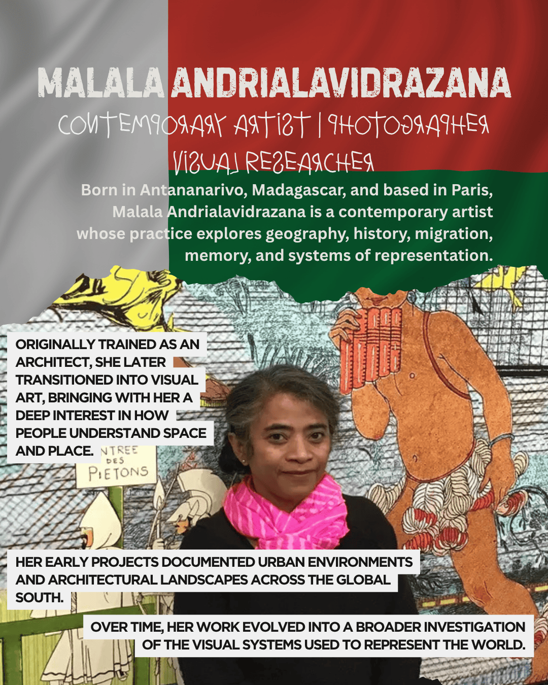 Portrait of Malala Andrialavidrazana, a contemporary artist and photographer, with a colorful backdrop reflecting her cultural heritage. The image includes her name and a brief description of her work focusing on geography, history, migration, and representation.