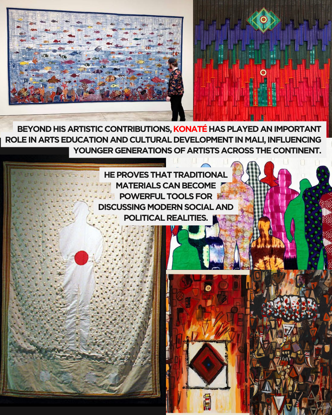 A person admiring an elaborately designed textile artwork featuring colorful fish.