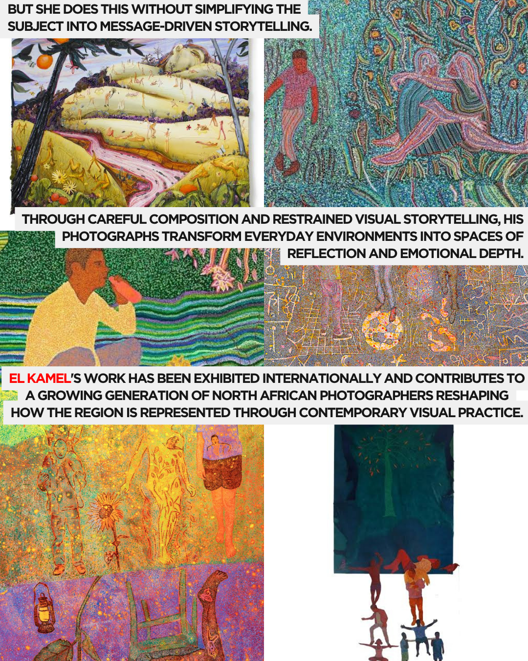 A collage of colorful, abstract illustrations depicting various human figures and natural elements, with text highlighting the work of contemporary North African photographers.