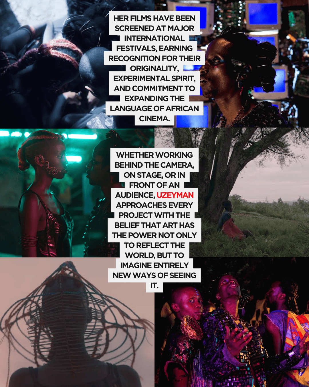 A collage of images featuring diverse individuals engaged in artistic expression, with text highlighting the impact and recognition of Uzeyman as a filmmaker who expands the language of African cinema.