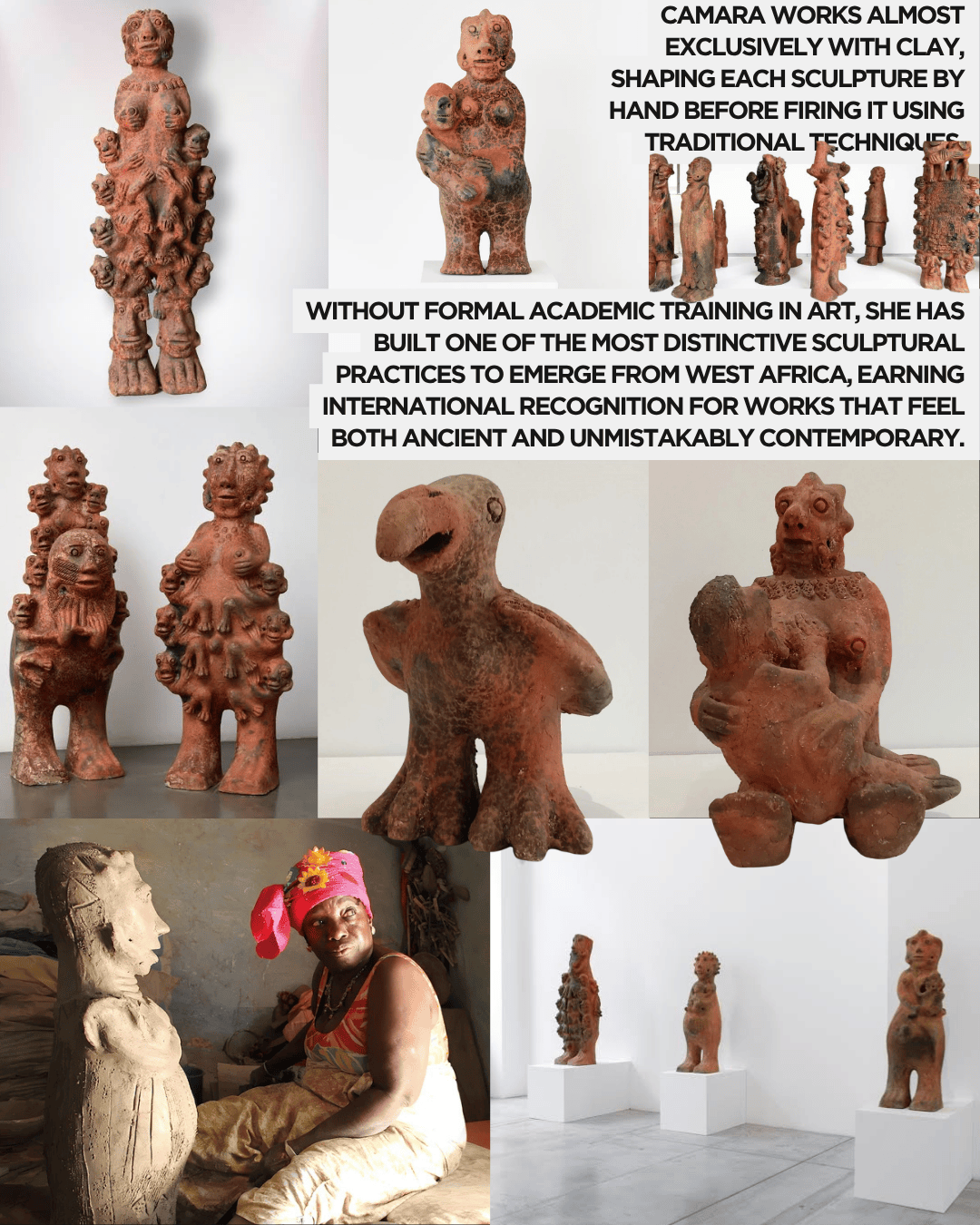 A collage of clay sculptures by Camara, showcasing various styles and figures, including stylized human forms and animal-like creatures.