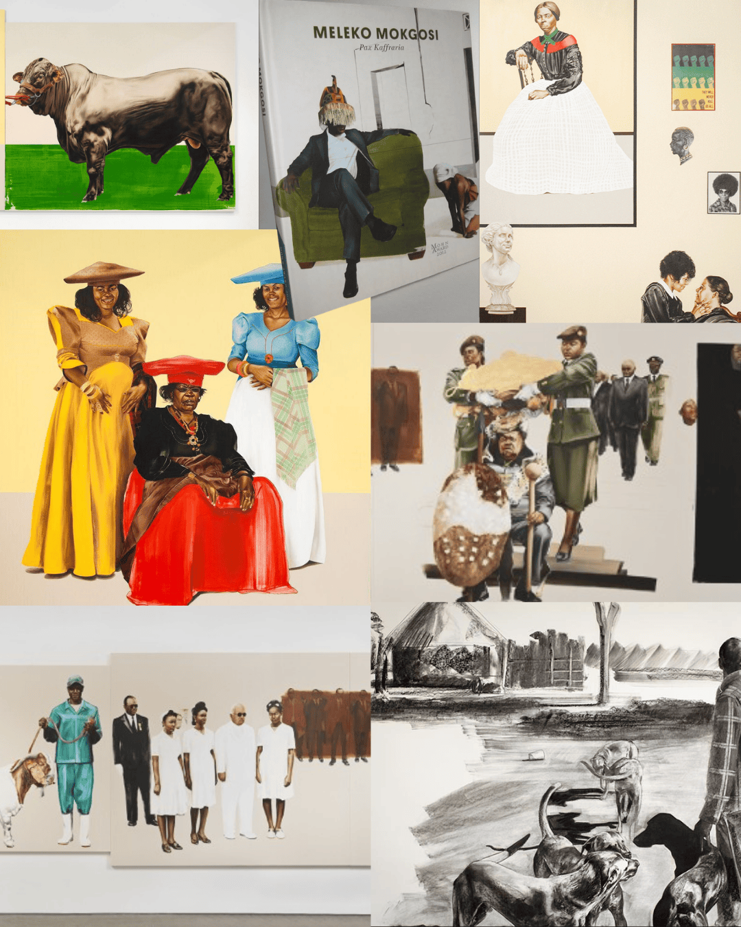 An artistic collage featuring various portraits and illustrations by Meleko Mokgosi, including a bull, people in traditional attire, and scenes depicting cultural themes.