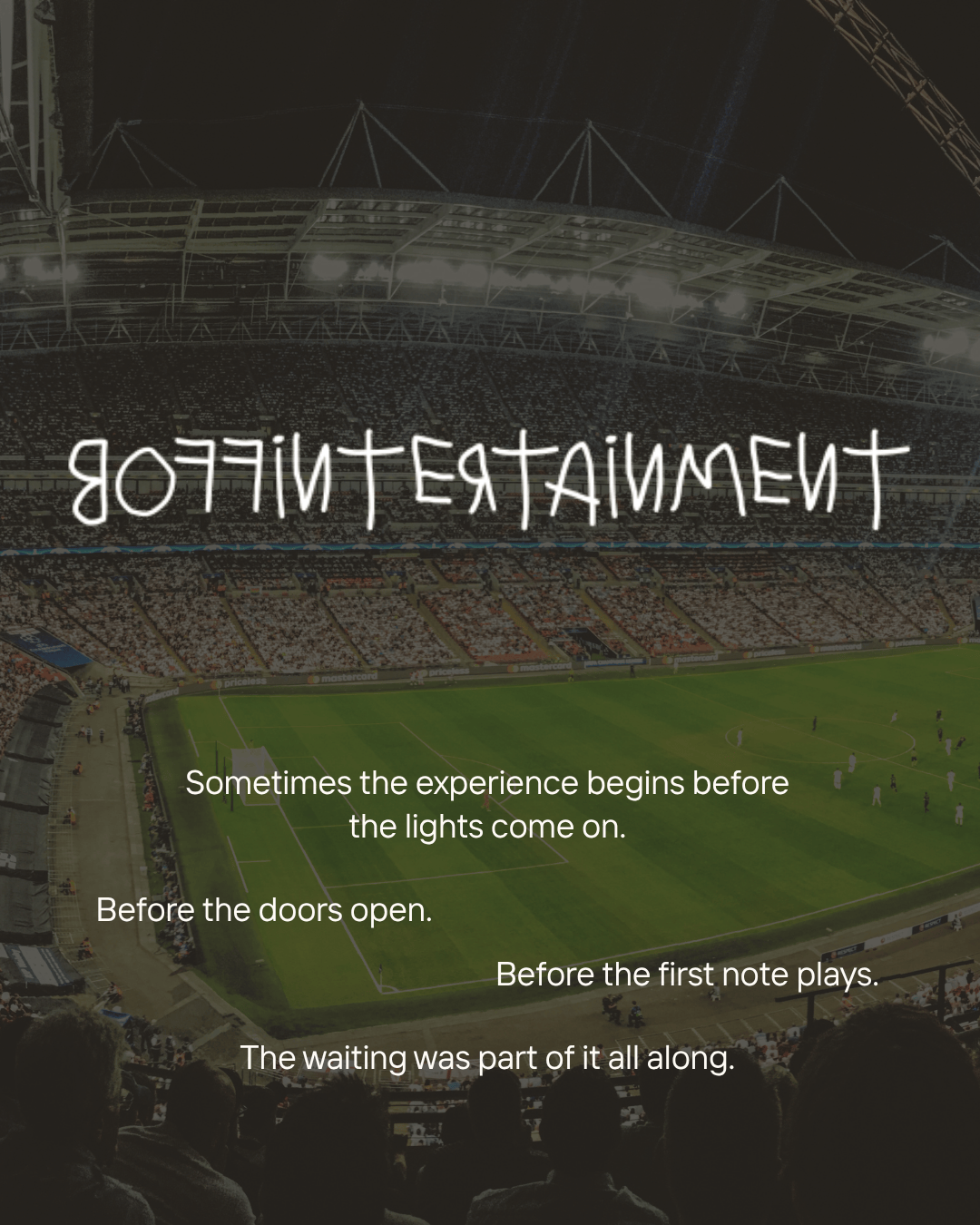 A view of a packed stadium during a sporting event, with the field illuminated and spectators eagerly watching, overlaid with text about the anticipation before an event.