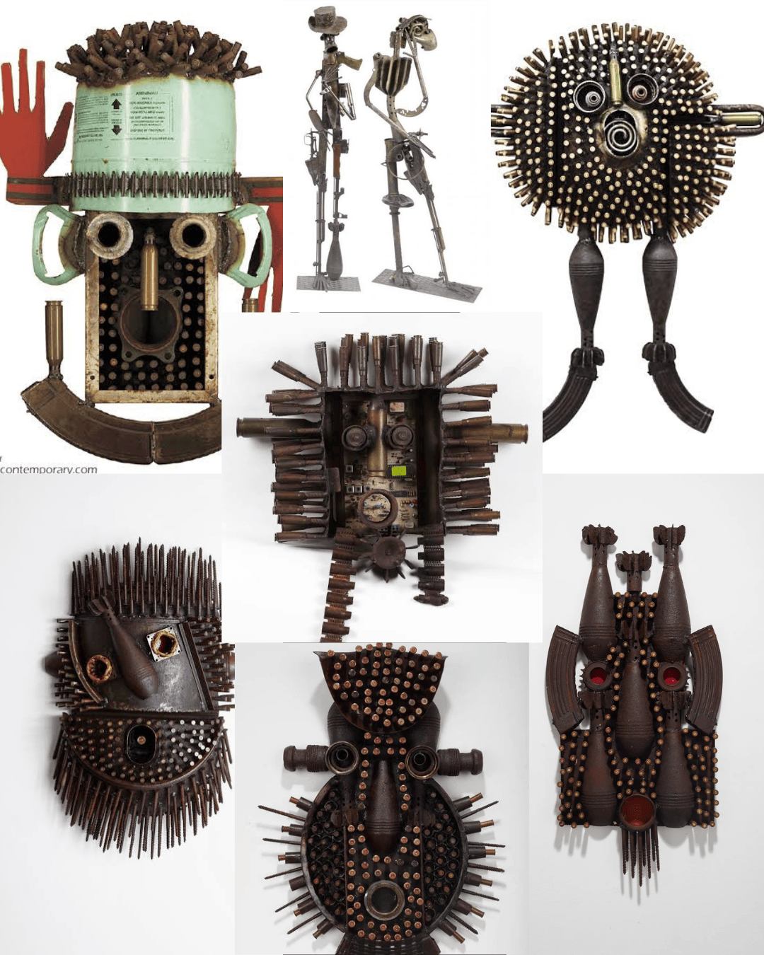 A collage of metal sculptures showcasing abstract faces and figures made from various recycled materials, including pipes, bolts, and cans. The artworks display unique textures and forms, emphasizing a creative approach to sculpture.