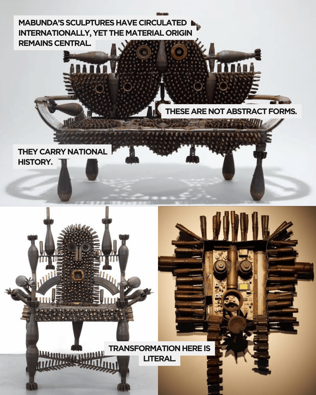 A collection of sculptures by Mabunda, featuring detailed carvings and assemblages made from various materials, each conveying elements of national history and cultural significance.