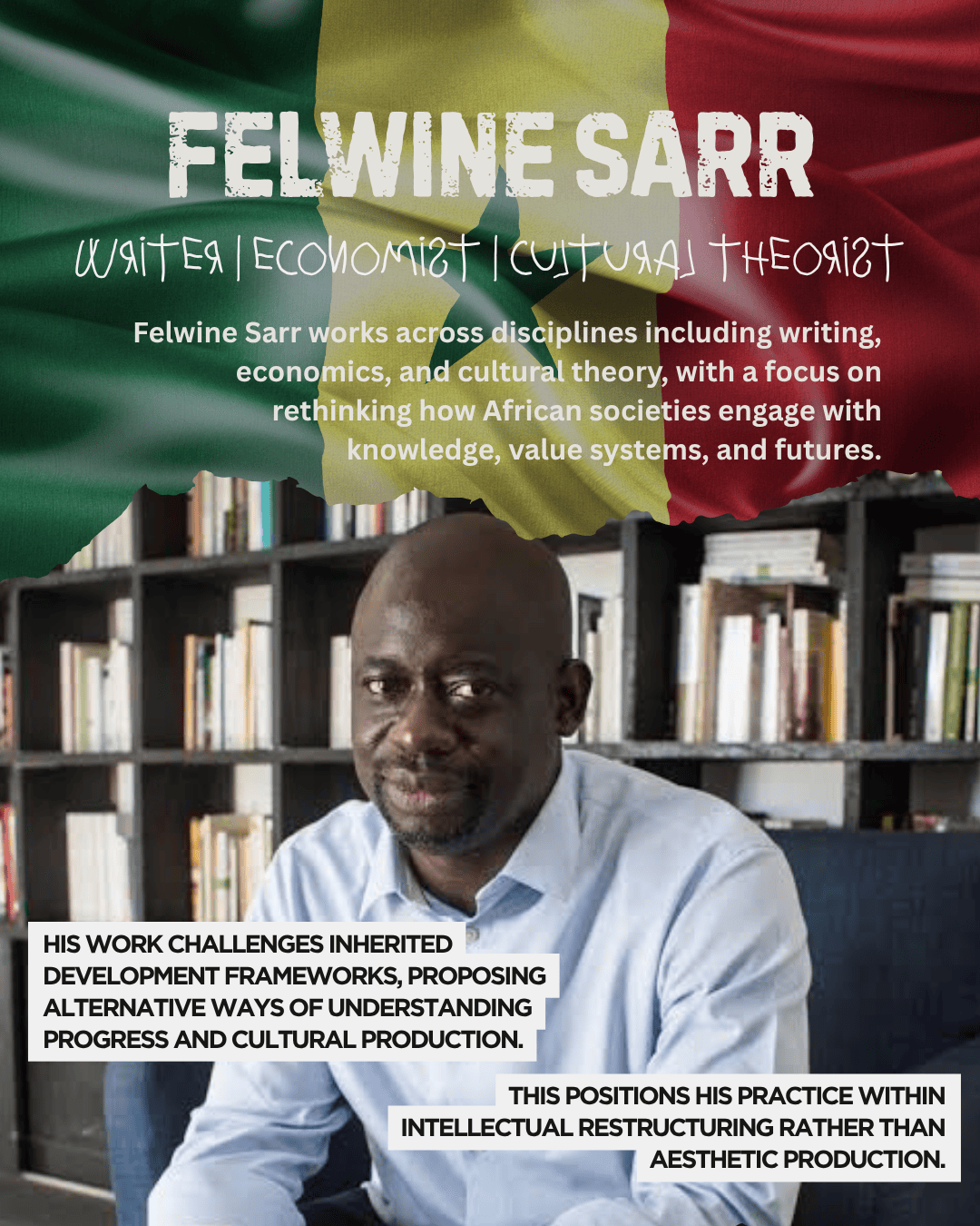 Portrait of Felwine Sarr, a writer, economist, and cultural theorist, with a background of Senegalese flags, discussing his interdisciplinary work on economics and cultural theory.