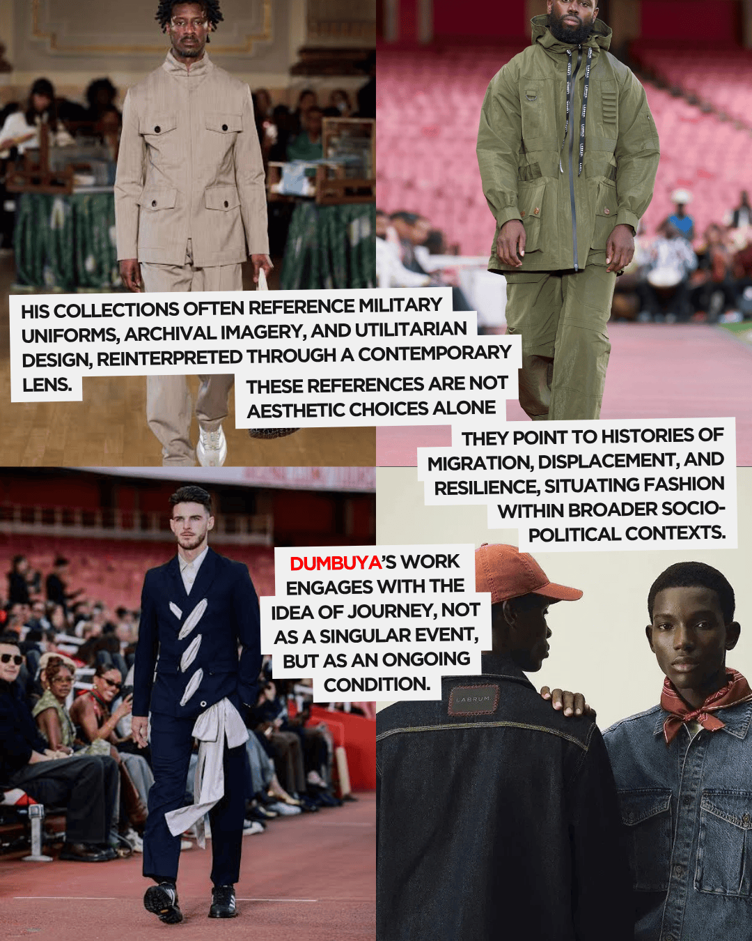 A model showcasing a contemporary fashion collection inspired by military uniforms and archival imagery, standing in a stylish indoor setting.