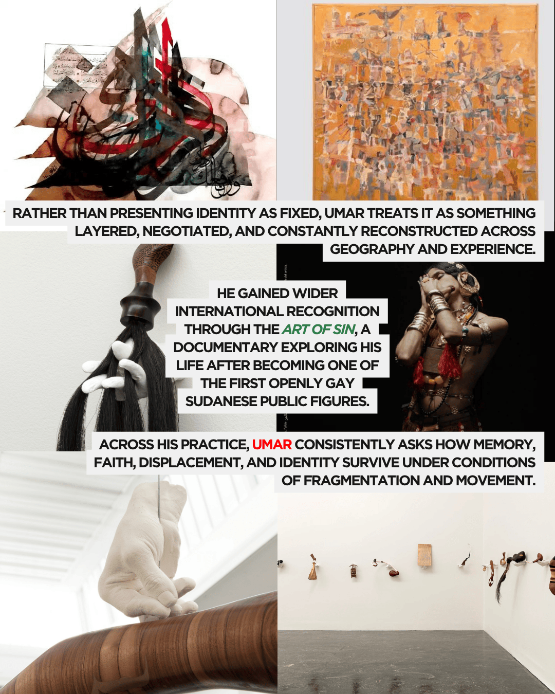 A collage of various art pieces and texts discussing the themes of identity, memory, and displacement.