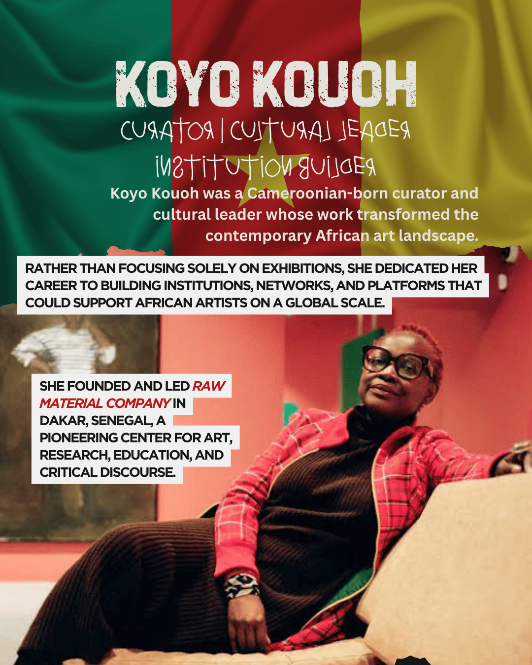 Portrait of Koyo Kouoh, a Cameroonian curator and cultural leader, seated on a couch, wearing glasses and a colorful outfit, with art displayed in the background.