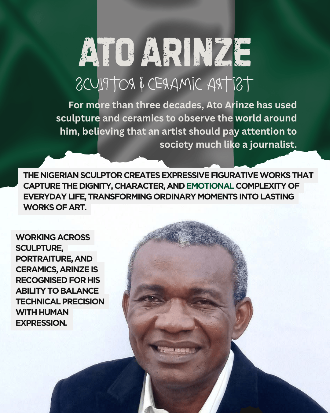 Ato Arinze, a Nigerian sculptor and ceramic artist, is photographed smiling in front of a neutral background. He has gray hair and is dressed in a black jacket with a white shirt. The image emphasizes his role in observing society through art, highlighted by a green and white backdrop representing the Nigerian flag.