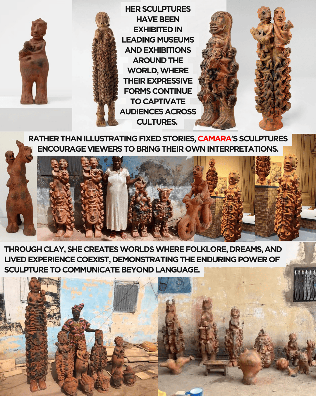 A collection of clay sculptures displayed in various settings, showcasing expressive forms with cultural significance.