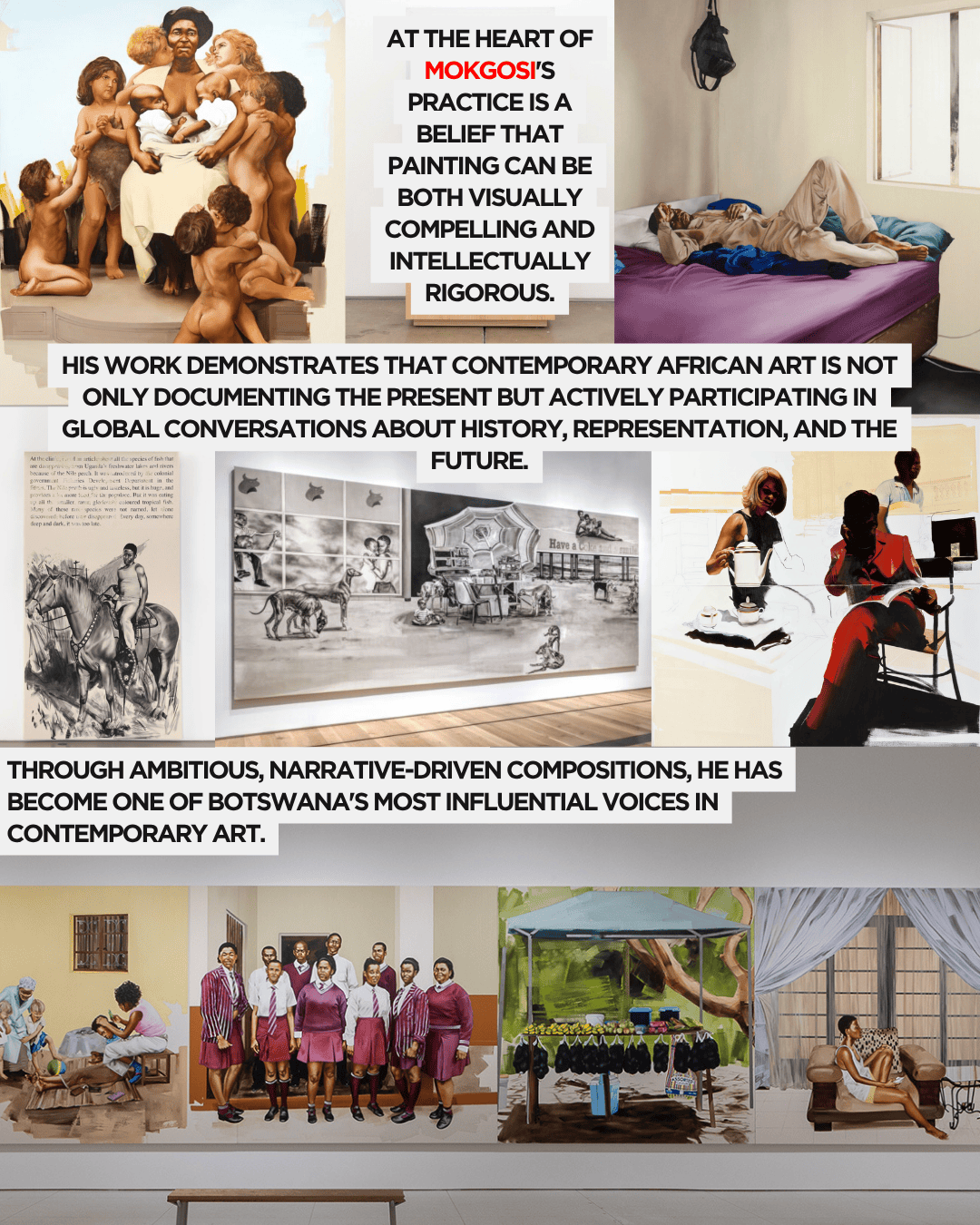 An art exhibition featuring multiple paintings by Mokgosi, highlighting contemporary African art's role in discussing history and representation. The display shows various artistic styles and subjects, with emphasis on narrative-driven compositions.