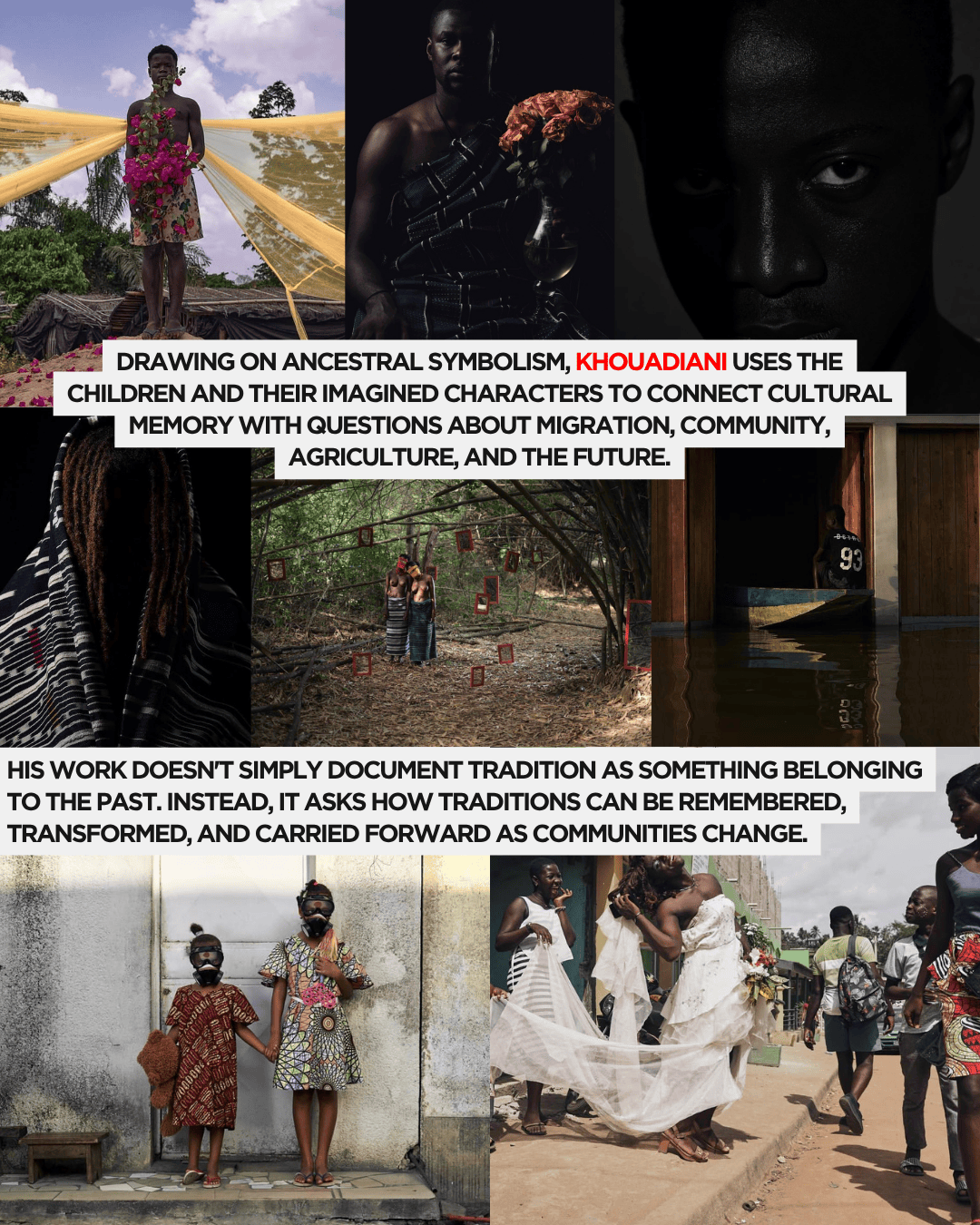 A collage of images depicting individuals in traditional attire, showcasing themes of cultural memory, migration, and community. The images include portraits of children and adults, with elements like flowers and symbolic backdrops that evoke ancestral connections and the transformation of traditions.
