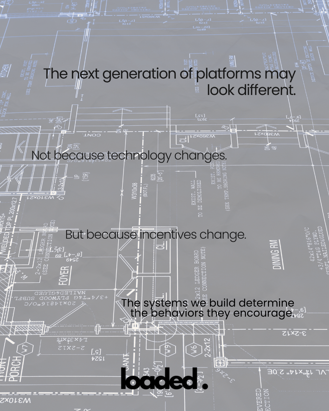 Blueprint background with text discussing the evolution of platforms and the impact of changing incentives.