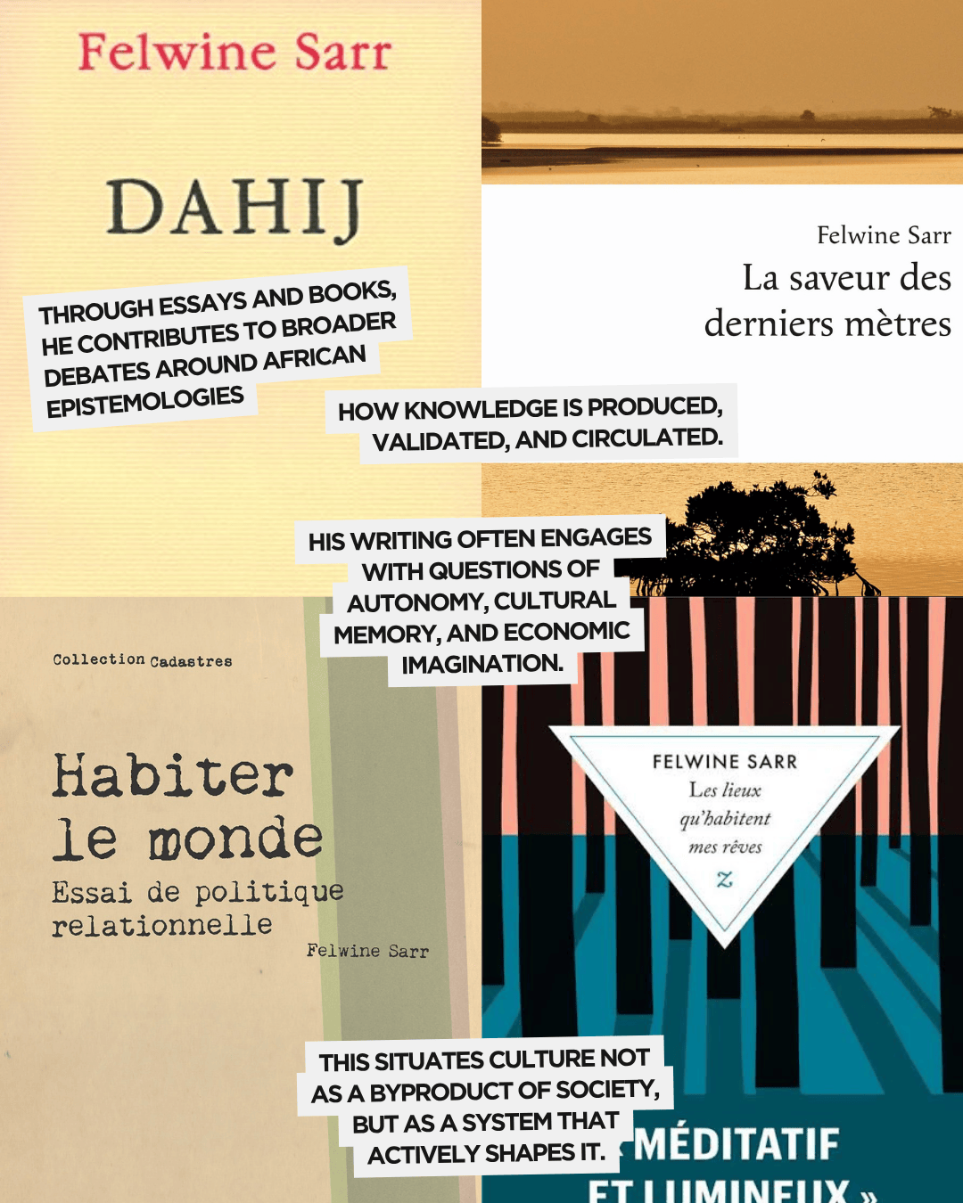 A collage of book covers by Felwine Sarr, showcasing titles such as 'Dahij', 'Habiter le monde', and 'La saveur des derniers mètres'. The image features excerpts highlighting themes of African epistemologies, knowledge production, and cultural memory.