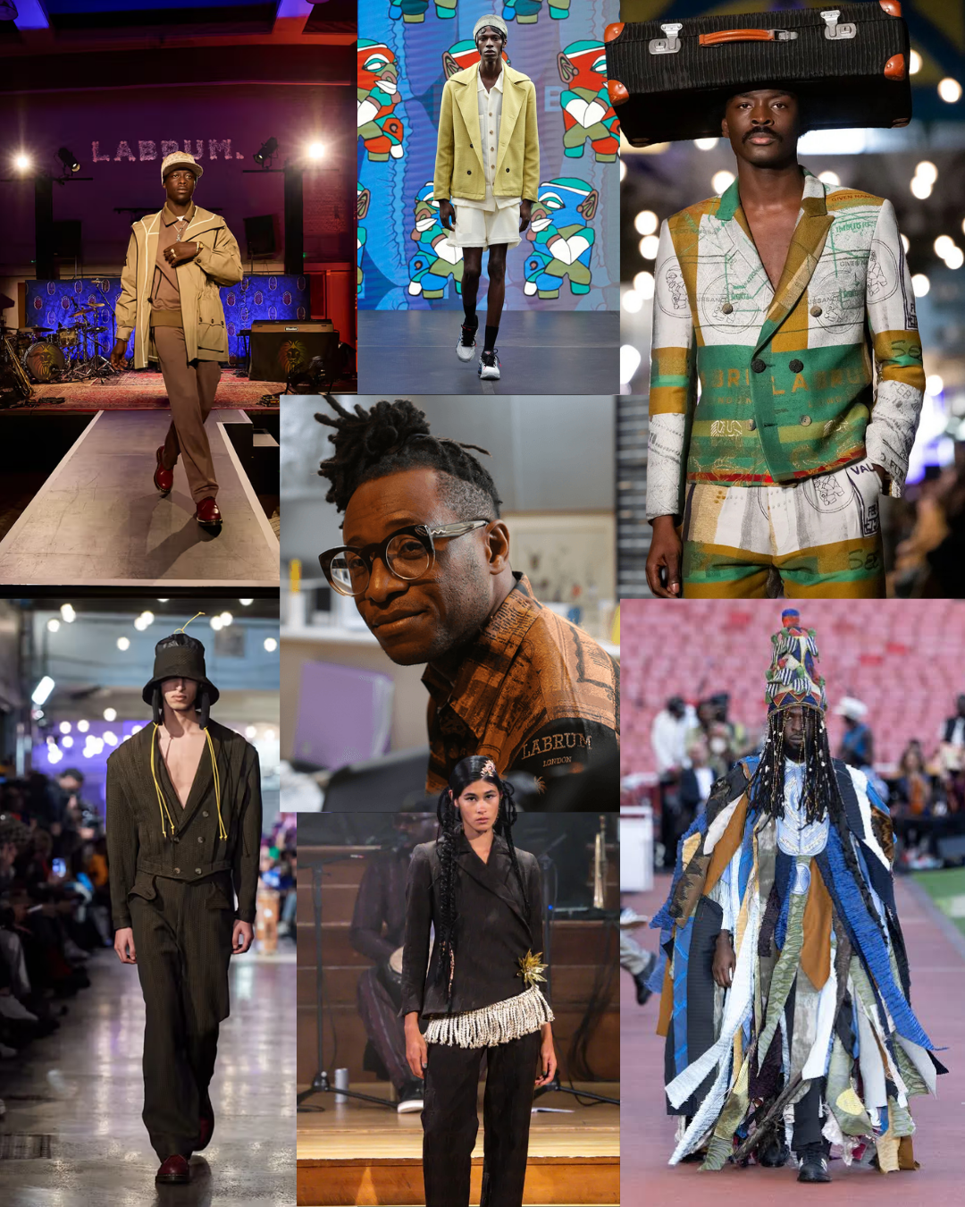 A male model walks on a runway during a fashion show labeled LABRUM.