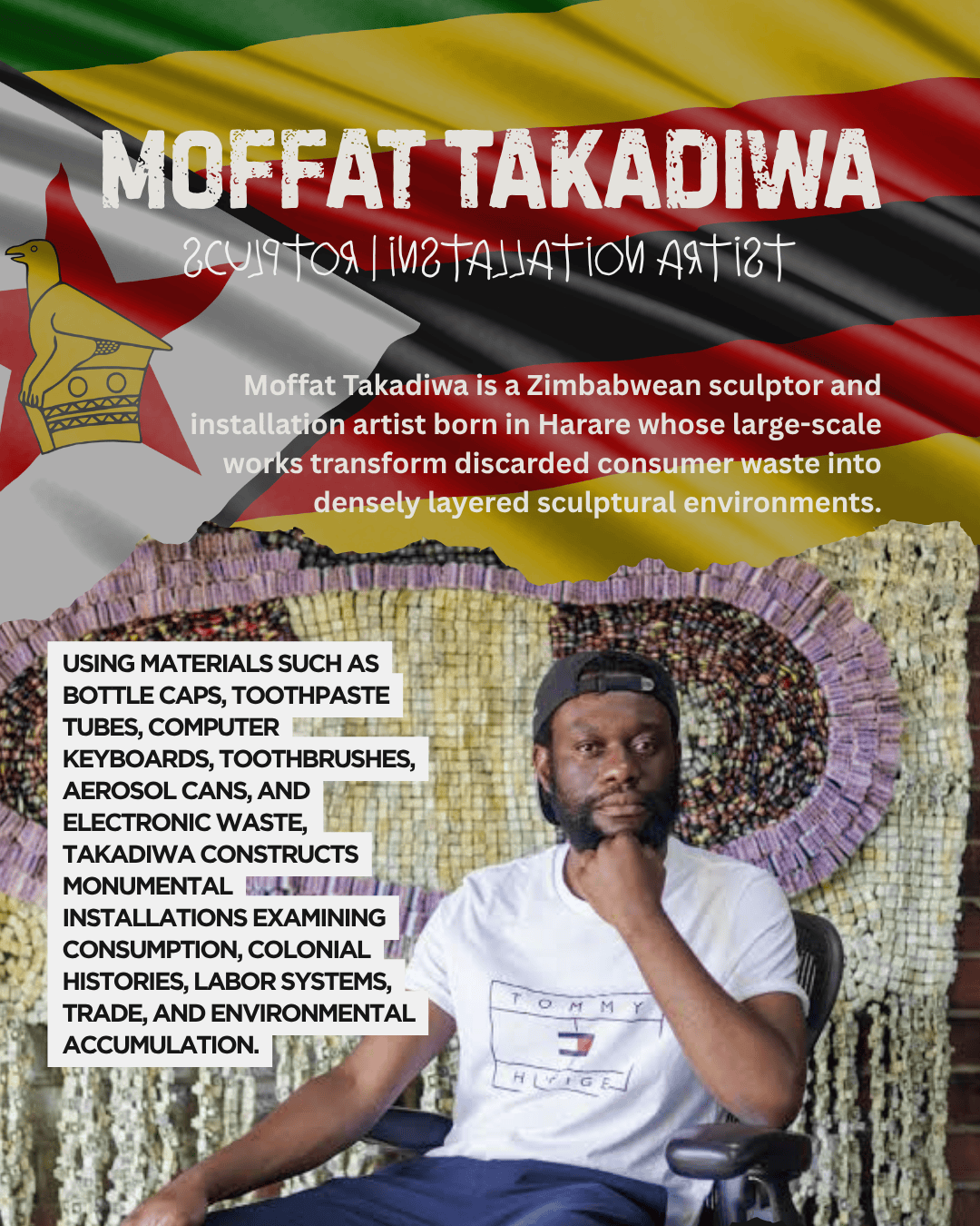 Portrait of Moffat Takadiwa, a Zimbabwean sculptor and installation artist, sitting in a chair with a colorful background made of consumer waste materials. The image highlights his focus on transforming discarded items into art.