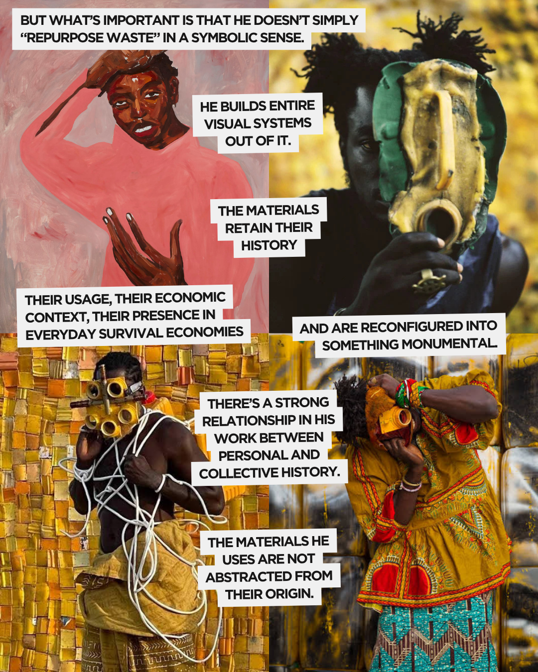 A collage of images featuring three figures covered in artistic materials, symbolizing the relationship between waste and art. The text highlights themes of history, economic context, and the transformation of materials into monumental forms.